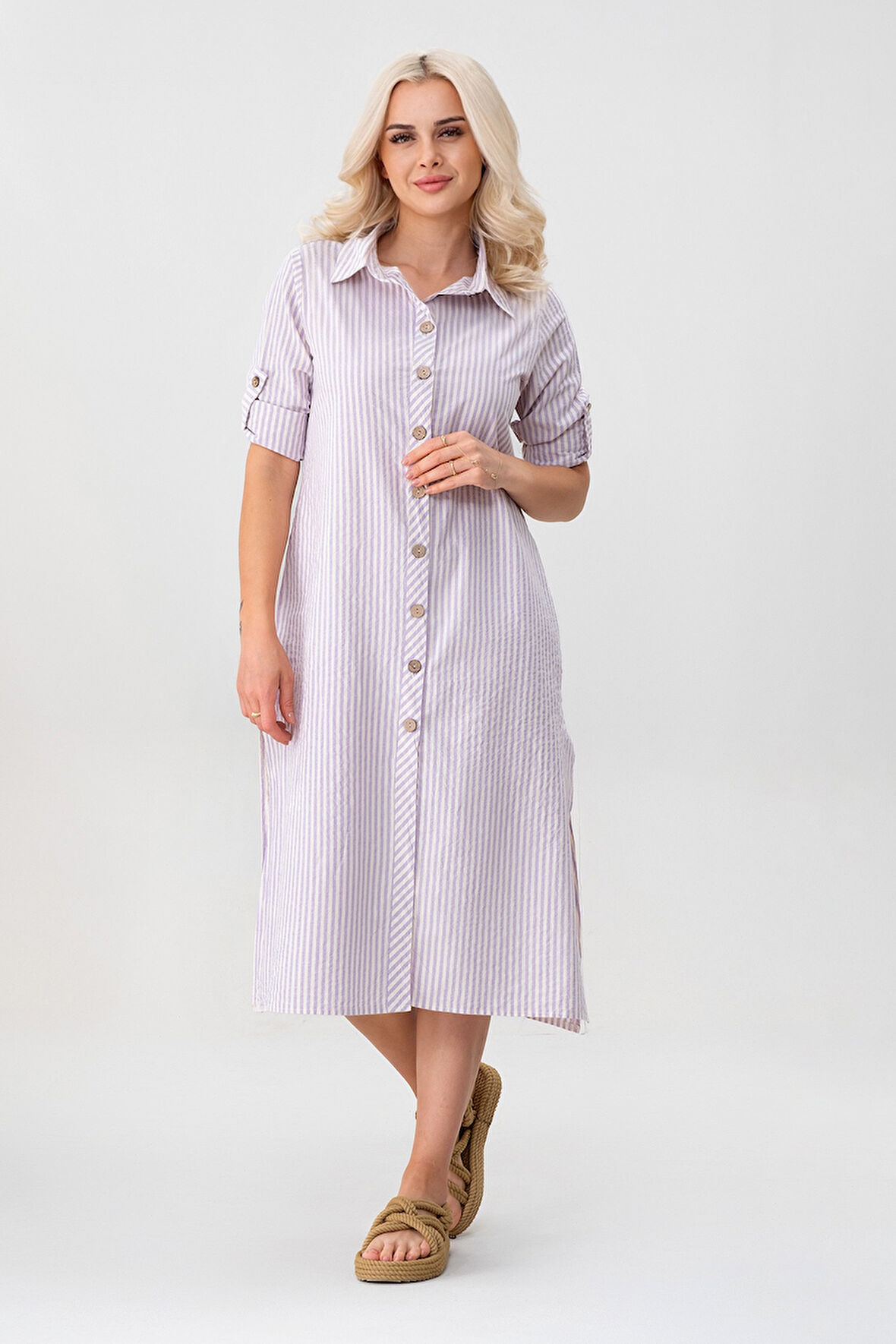 BOLD & YOUNG Kadın Cepli Çizgili Pamuklu Düğmeli Yırtmaçlı Gömlek Elbise