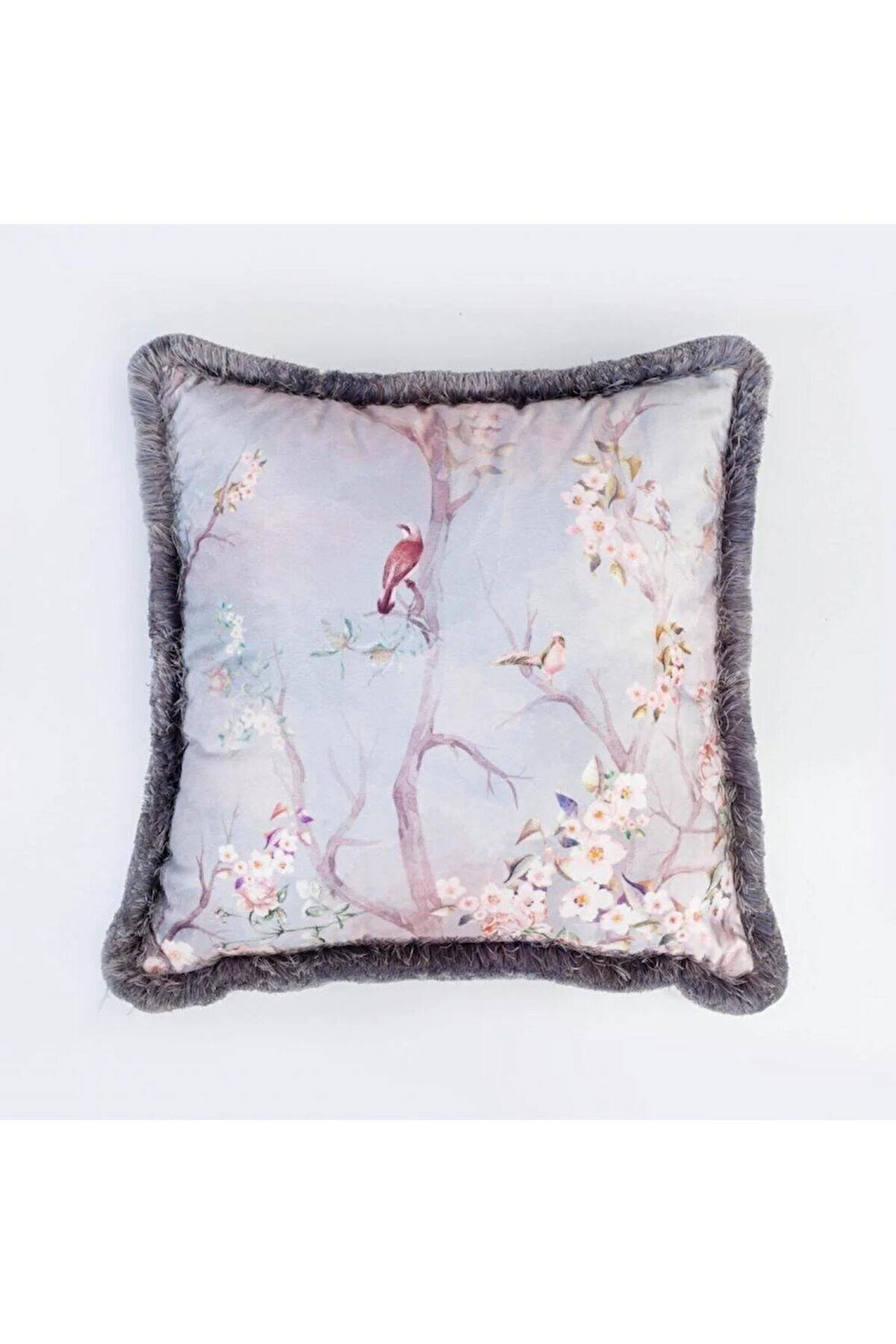 Kuşlu Bahçe Kadife Yastık/Kırlent (Dolgu Boncuk Elyaf, Uluslararası Yıkama Ve Solmama Sertifikası)