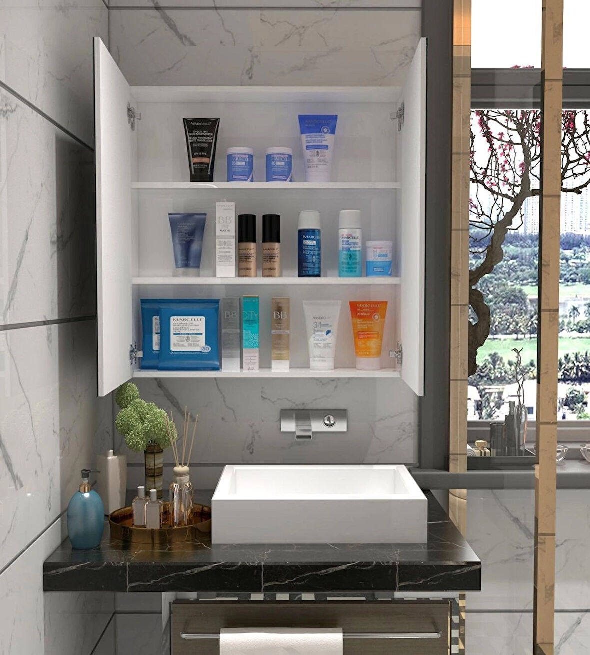 MDF 2 Kapaklı Aynalı Banyo Dolabı 70x70x15 cm – Çok Amaçlı, Yüksek Kalite, Modern Tasarım