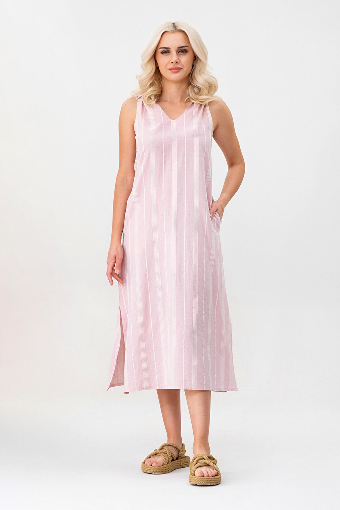 Bold & Young Kadın Çizgili Kolsuz Cepli Elbise 