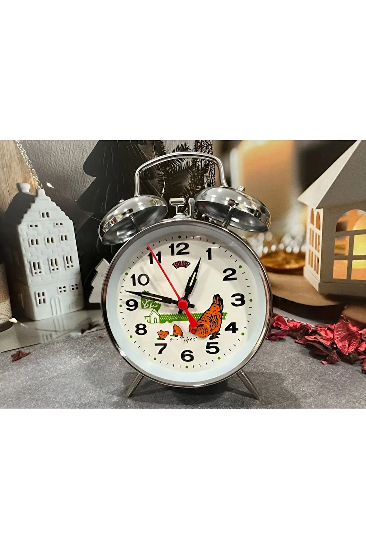 Yem Yiyen Tavuk Tasarım Kurmalı Retro Çalar Saat Büyük Boy Dekor Masa Saati