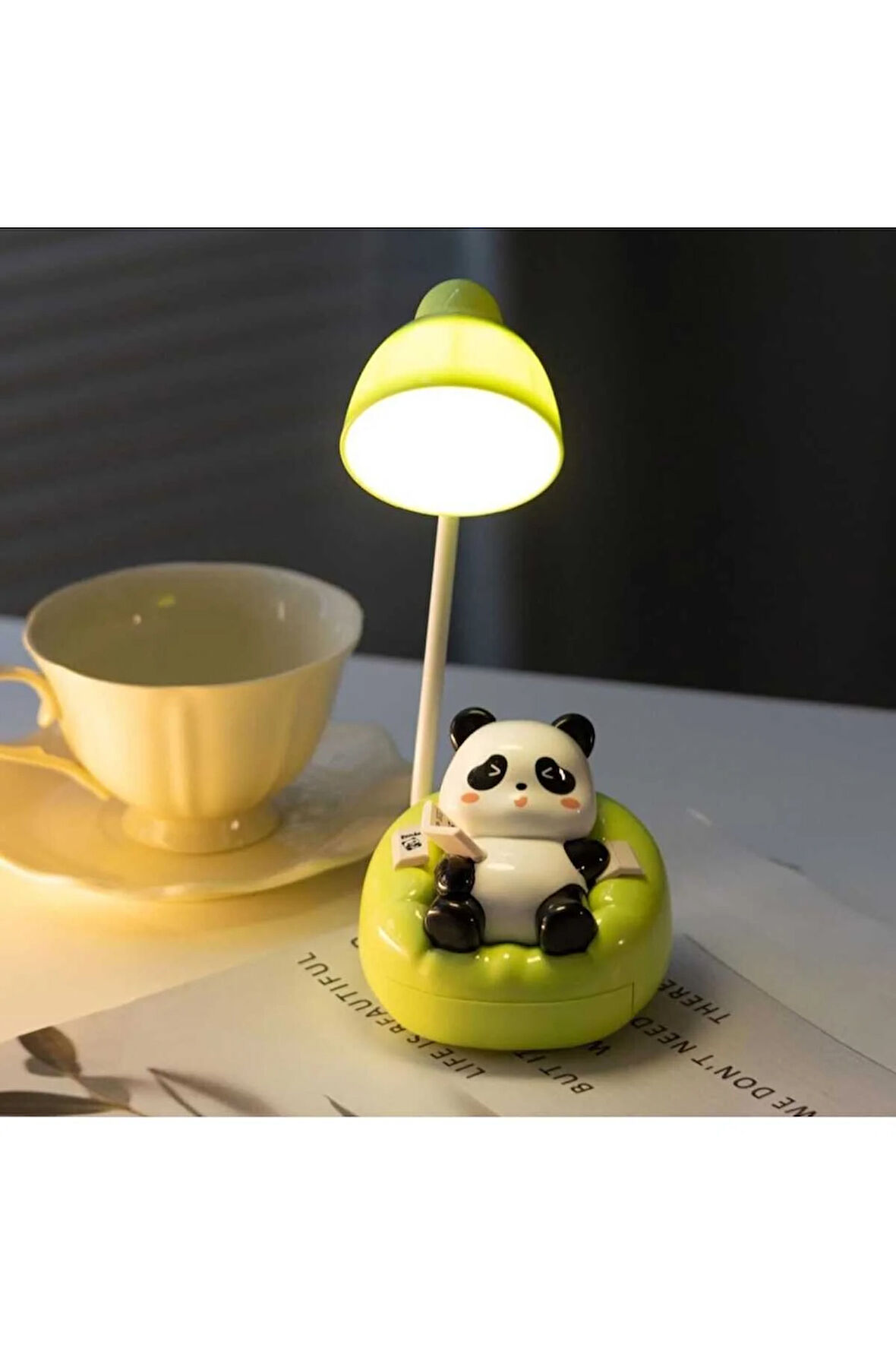 Panda Başucu - Masa Lambaları, Şarj Edilebilir Kanepe Çekmeceli, 3 Işık Modu(Yeşil ve Bej Renkler)