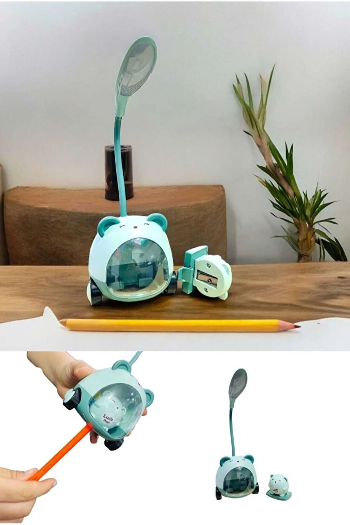 Sevimli Ayıcık Çocuk Masa Gece Lambası - Hazneli Kalem Traşlı Kalemlik Masa Lambası