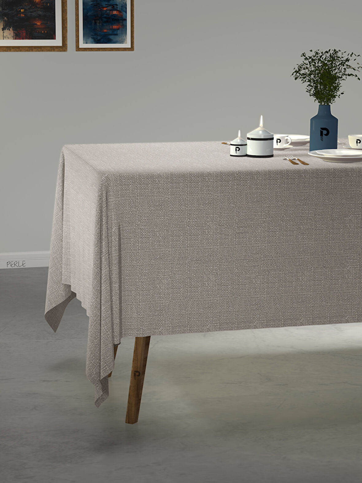 PERLE Açık Gri Keten Dokulu Masa Örtüsü