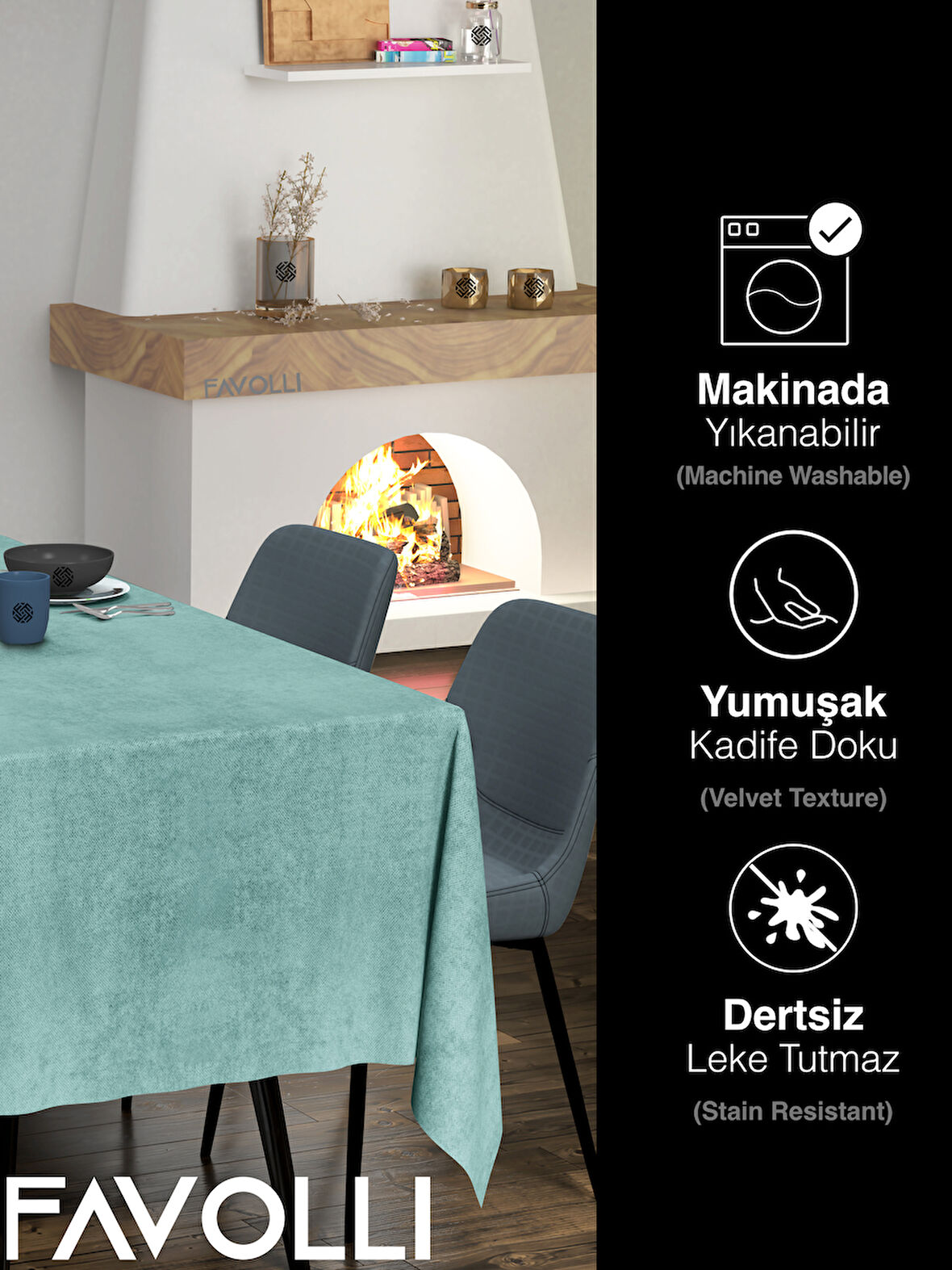 FAVOLLİ Kadife Dokulu Sis Mavisi Masa Örtüsü