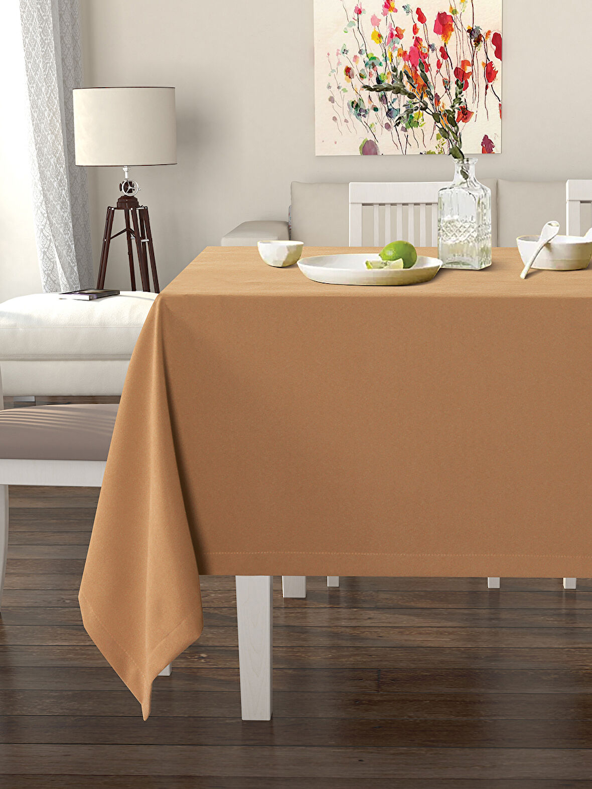 Pastel Antik Pirinç Rengi Masa Örtüsü Kadife Dokulu Leke Tutmaz