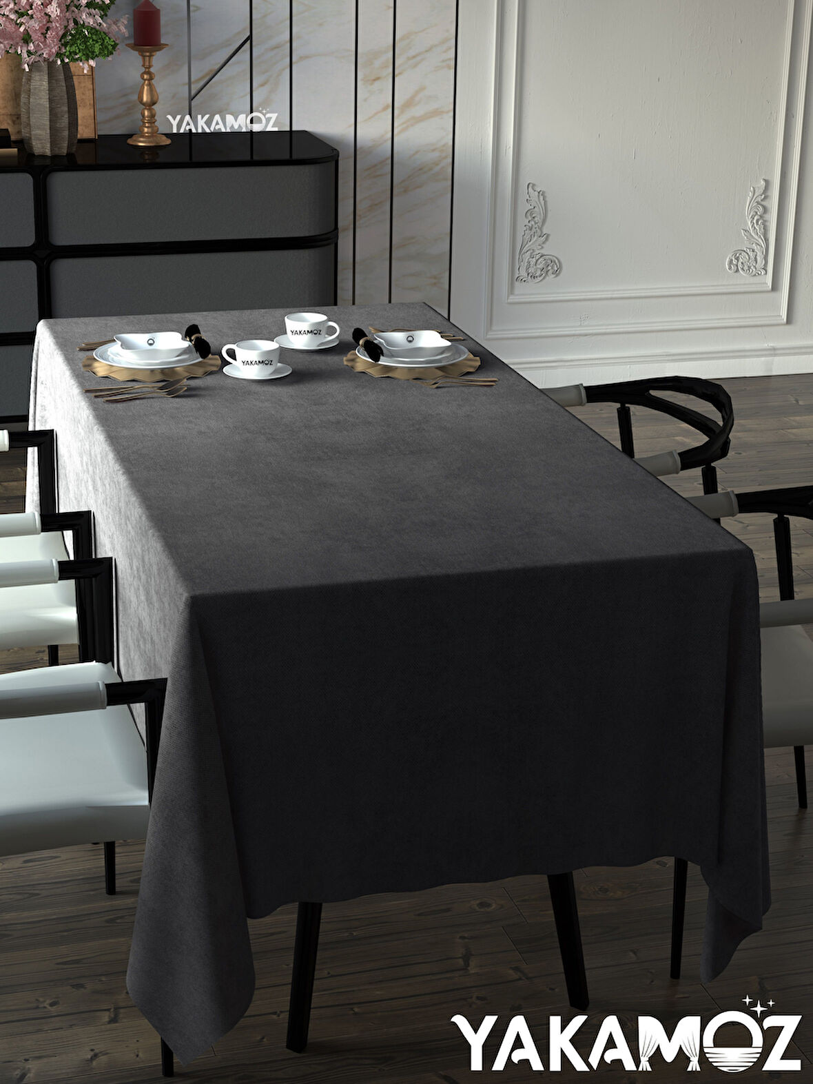 Yakamoz Karanlık Gri Kadife Dokulu Masa Örtüsü  Dertsiz Velvet Touch Serisi 