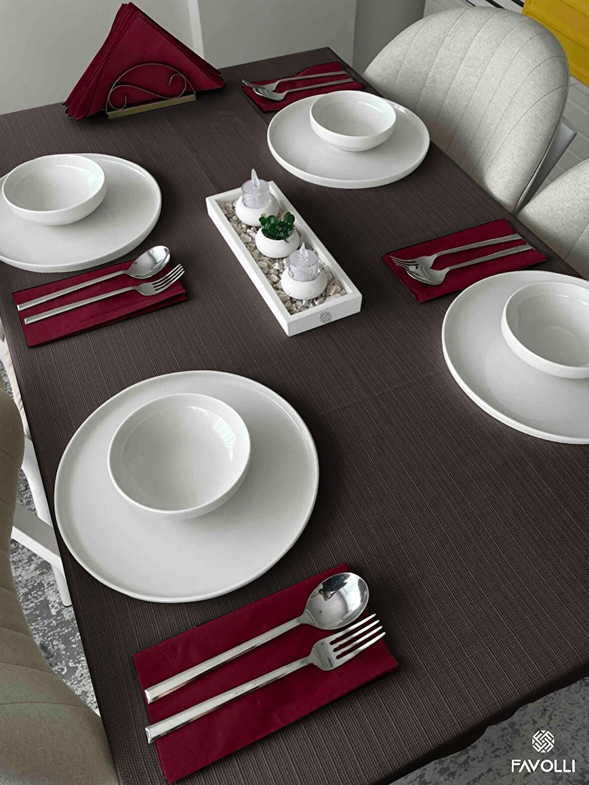 FAVOLLİ Keten Dokulu Antrasit Masa Örtüsü Dertsiz