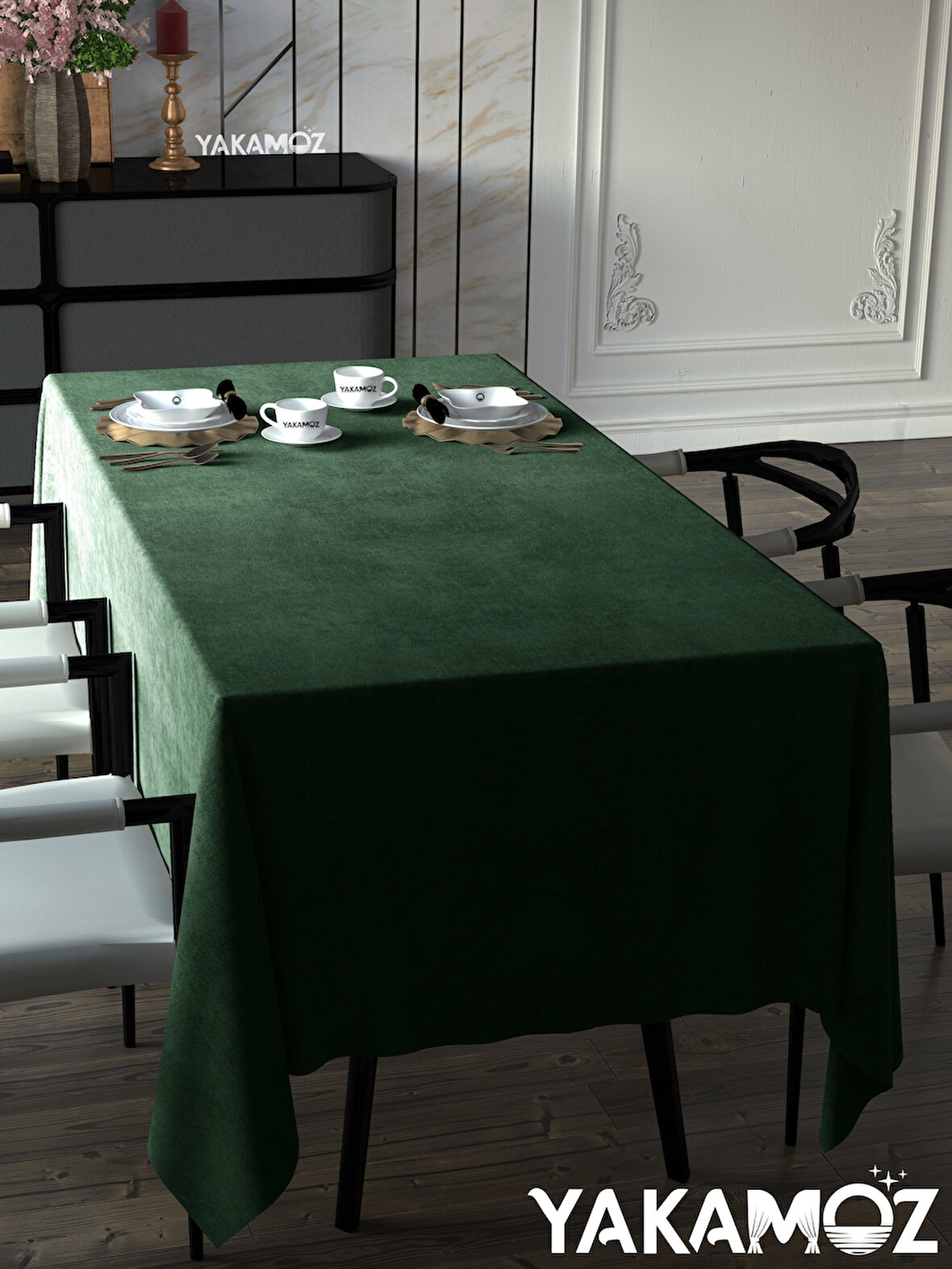 Yakamoz Sarmaşık Yeşili Kadife Dokulu Masa Örtüsü  Dertsiz Velvet Touch Serisi 