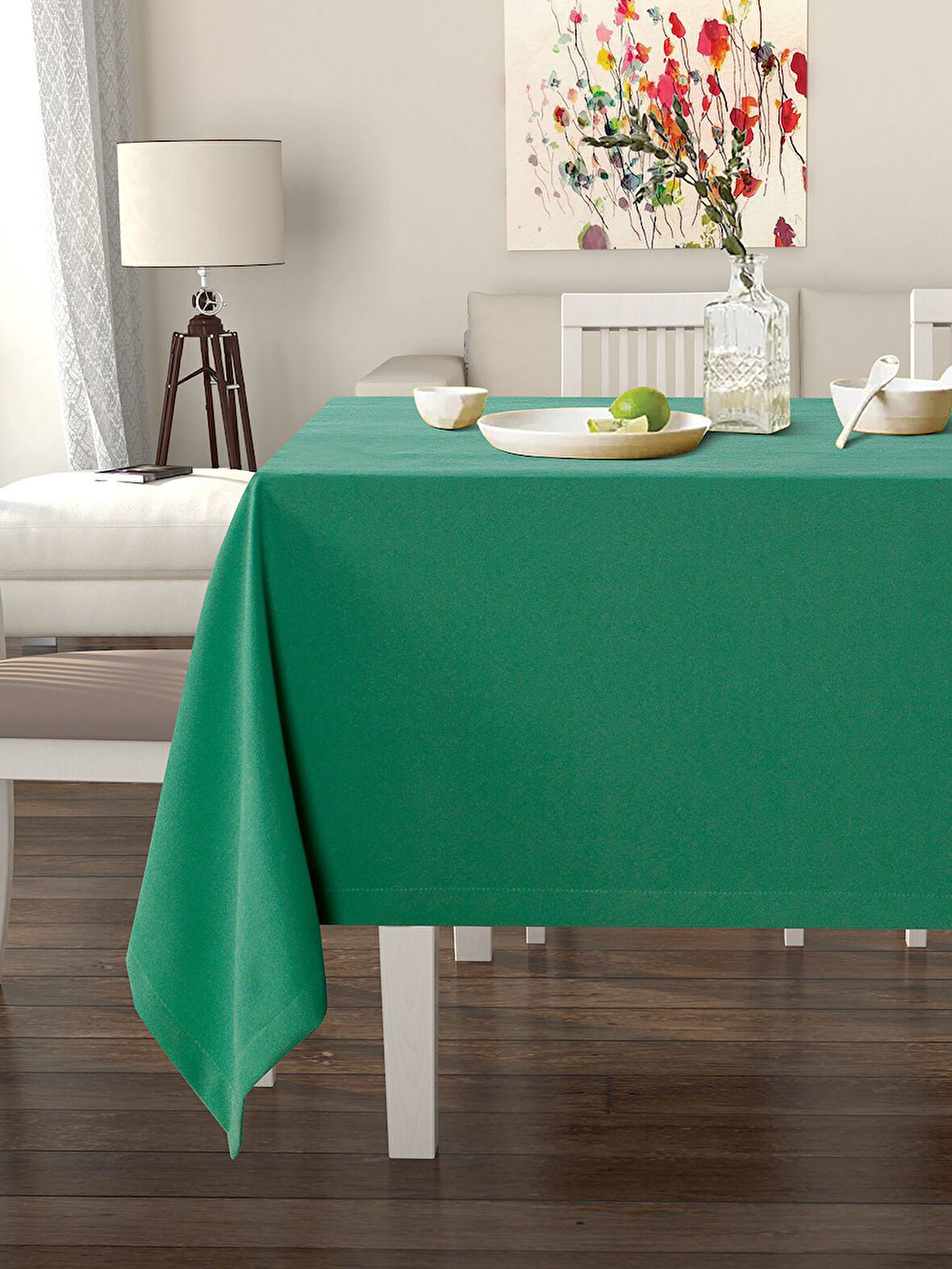 Pastel Deniz Yeşili Rengi Masa Örtüsü Kadife Dokulu Leke Tutmaz