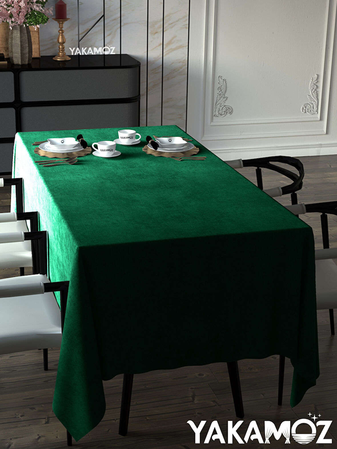 Yakamoz Zümrüt Yeşili Kadife Dokulu Masa Örtüsü  Dertsiz Velvet Touch Serisi 