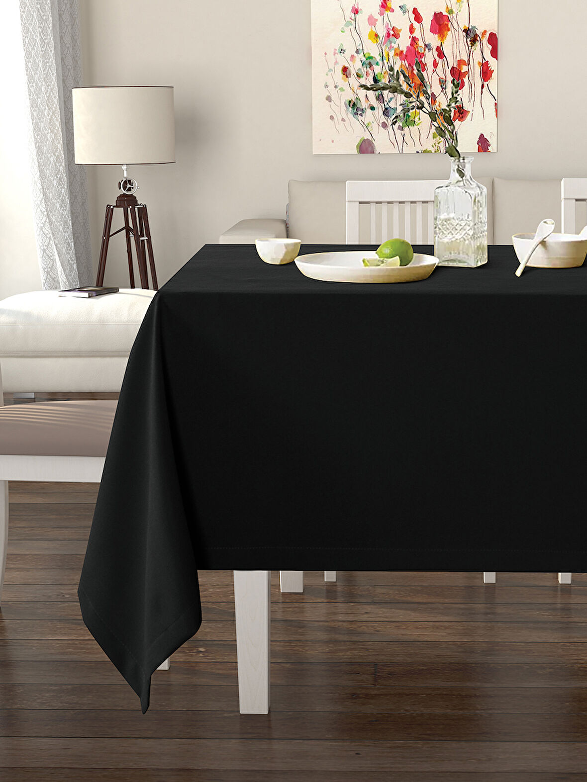 Pastel Siyah Renk Masa Örtüsü Kadife Dokulu Leke Tutmaz