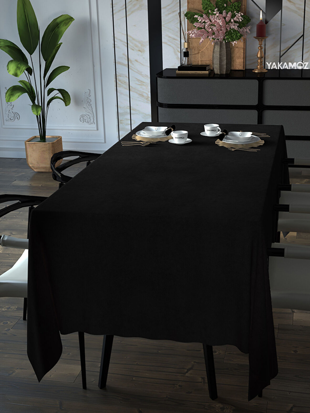 Yakamoz Siyah Renk Kadife Dokulu Masa Örtüsü  Dertsiz Velvet Touch Serisi 