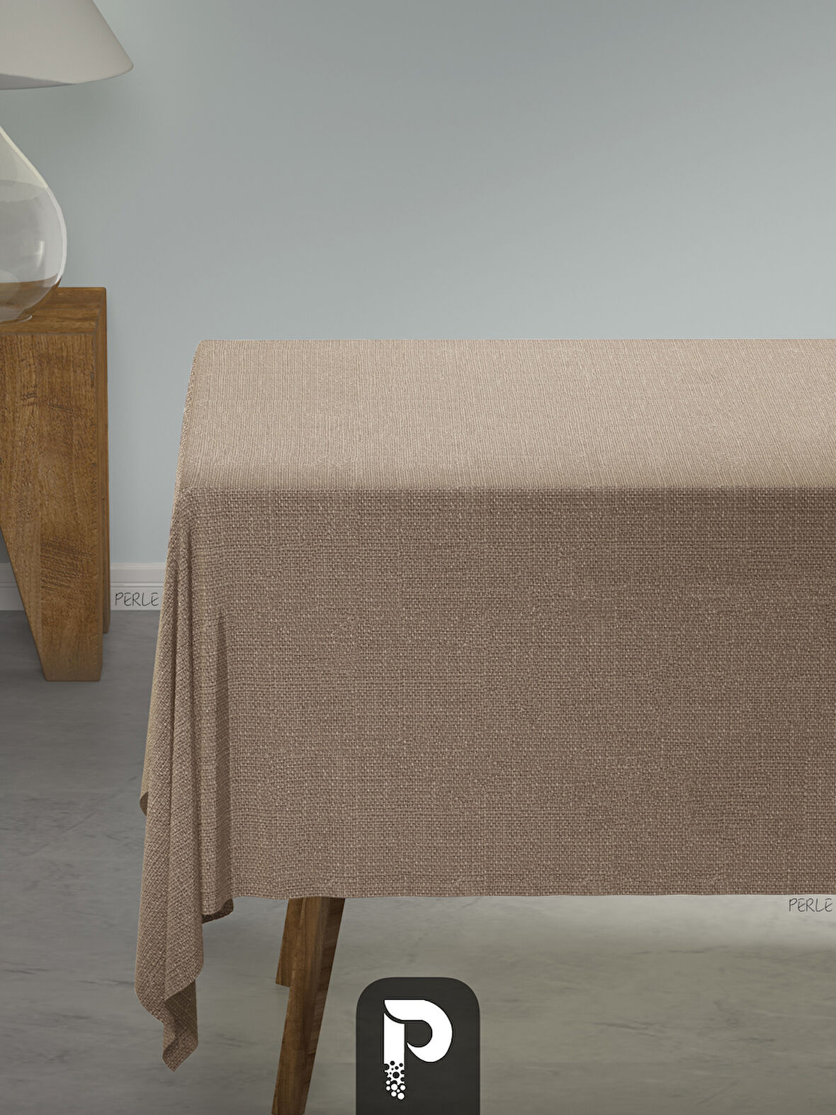 PERLE Bej Keten Dokulu Masa Örtüsü 