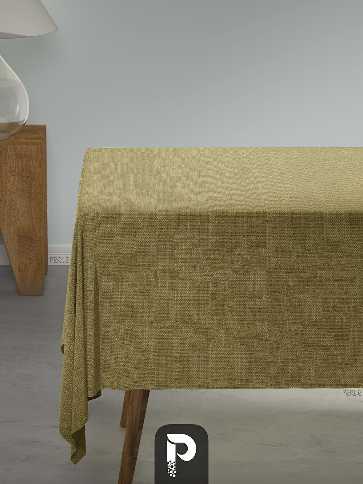 PERLE Yağ Yeşili Keten Dokulu Masa Örtüsü