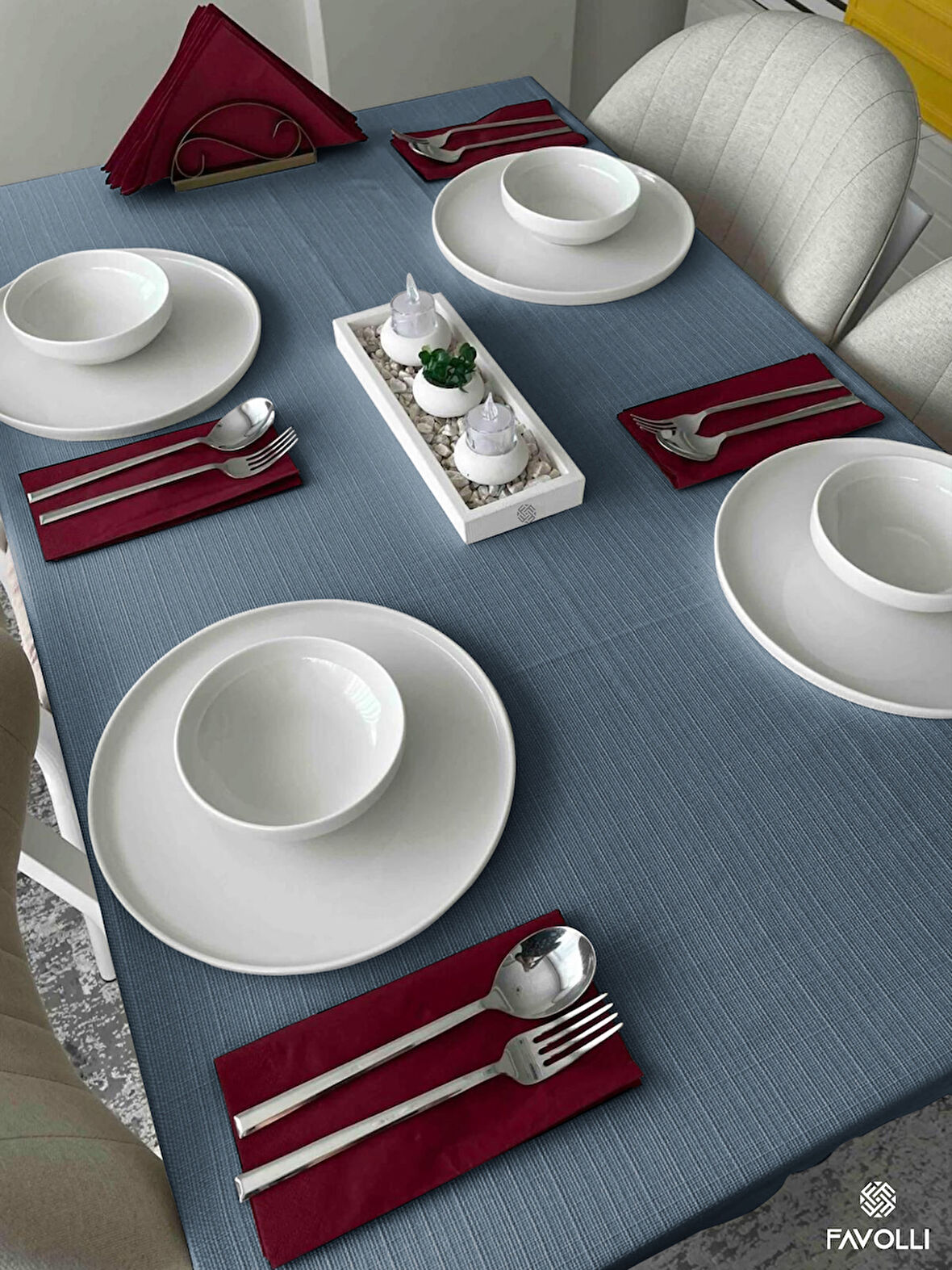 FAVOLLİ Keten Dokulu Gece Mavisi Masa Örtüsü Dertsiz