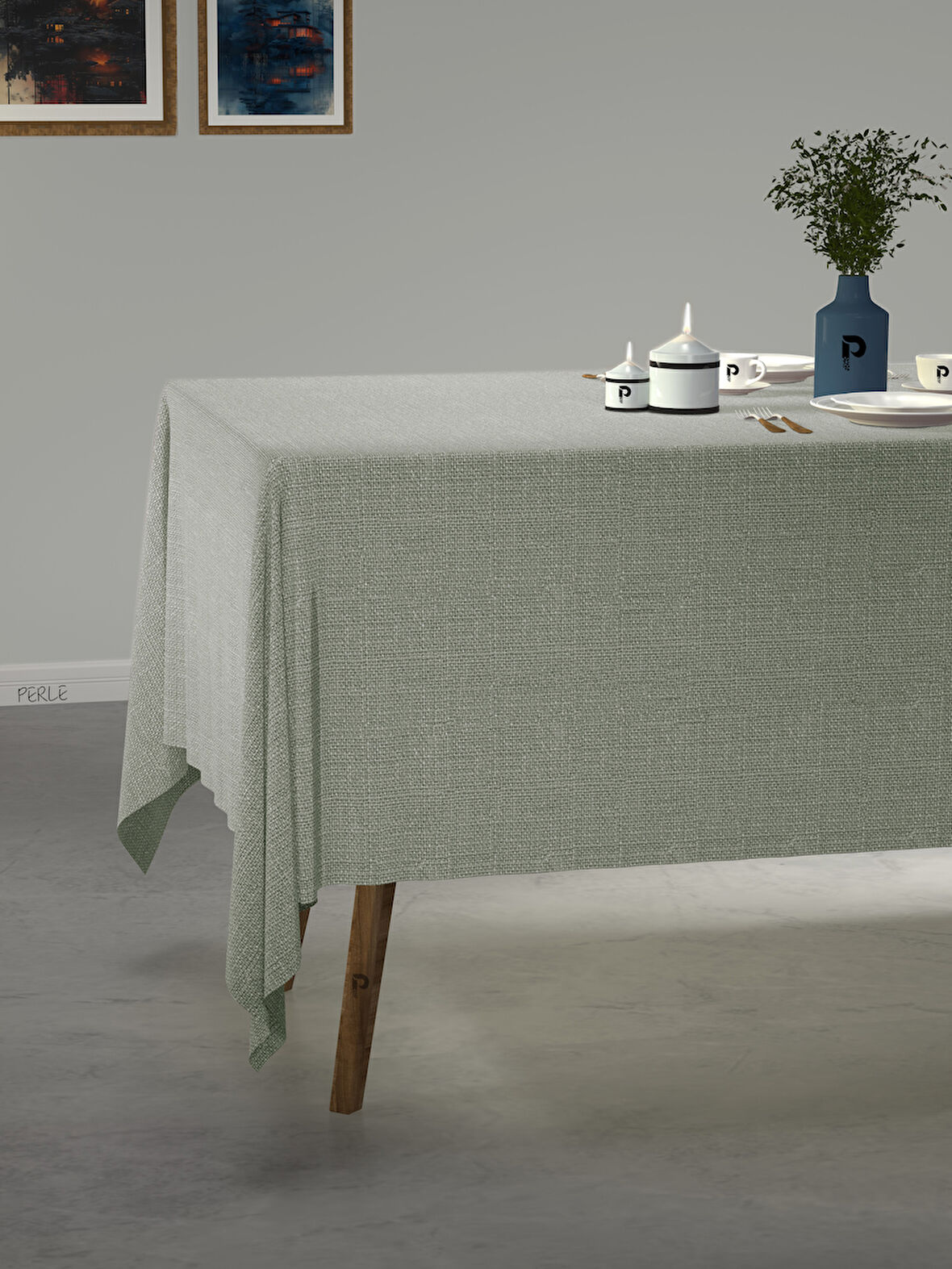 PERLE Mint Rengi Keten Dokulu Masa Örtüsü