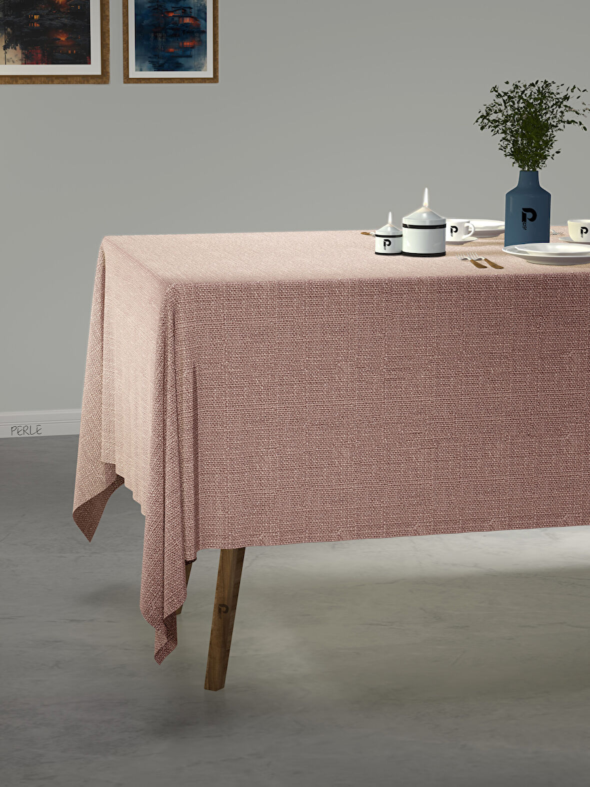 PERLE Açık Pembe Keten Dokulu Masa Örtüsü