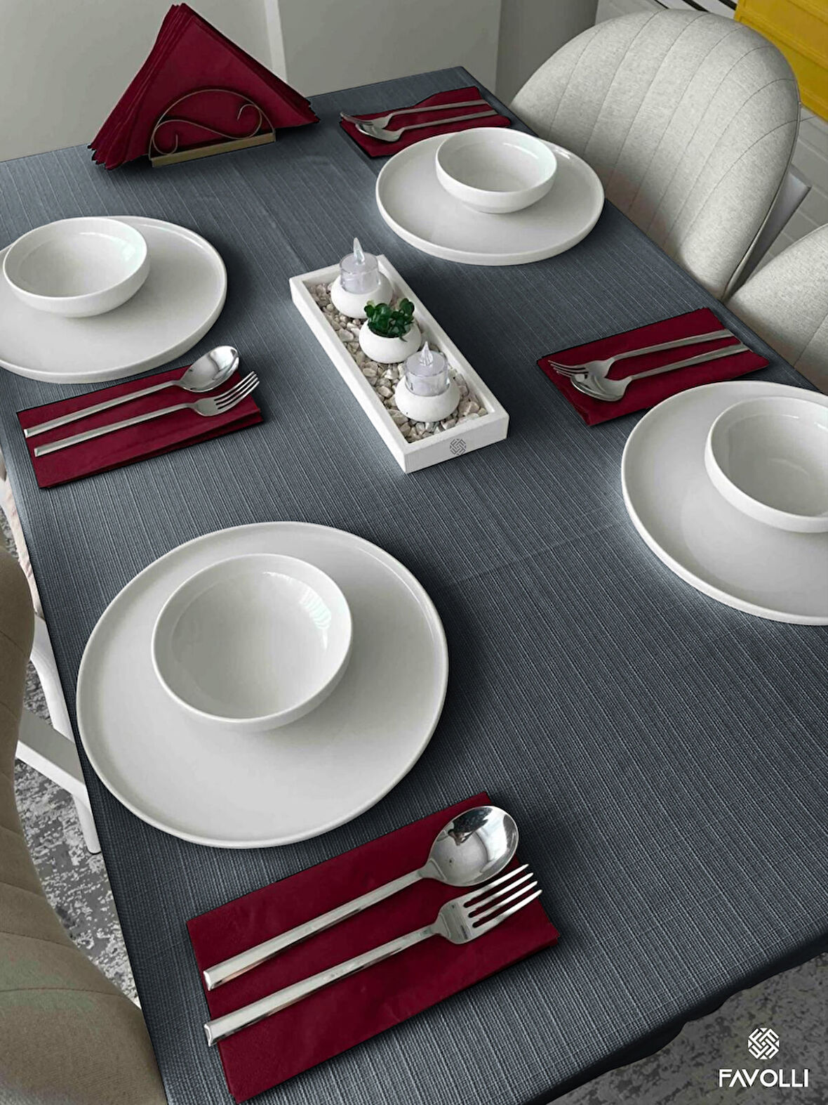 FAVOLLİ Keten Dokulu Koyu Gri Masa Örtüsü Dertsiz