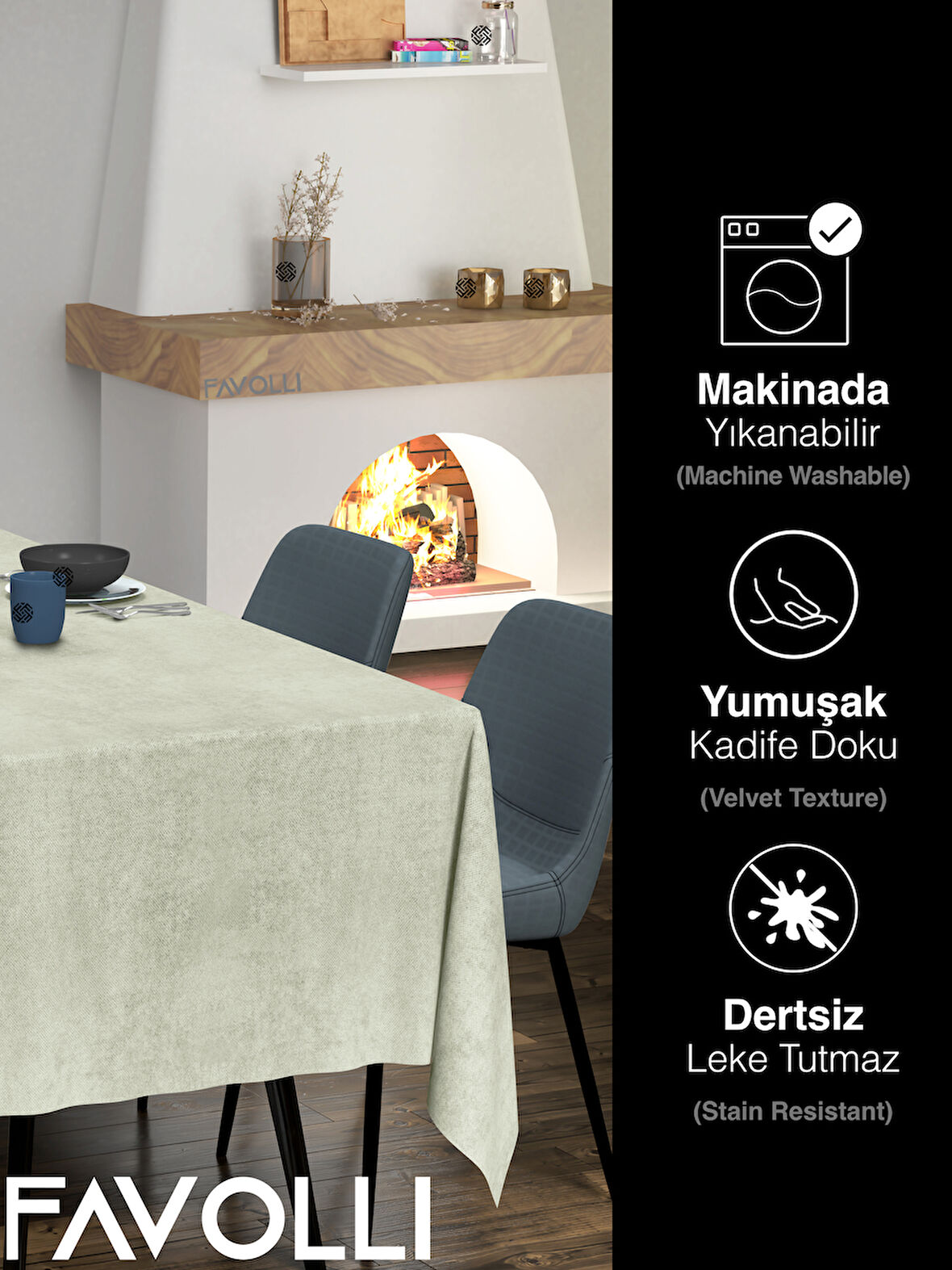 FAVOLLİ Kadife Dokulu Taş Rengi Masa Örtüsü