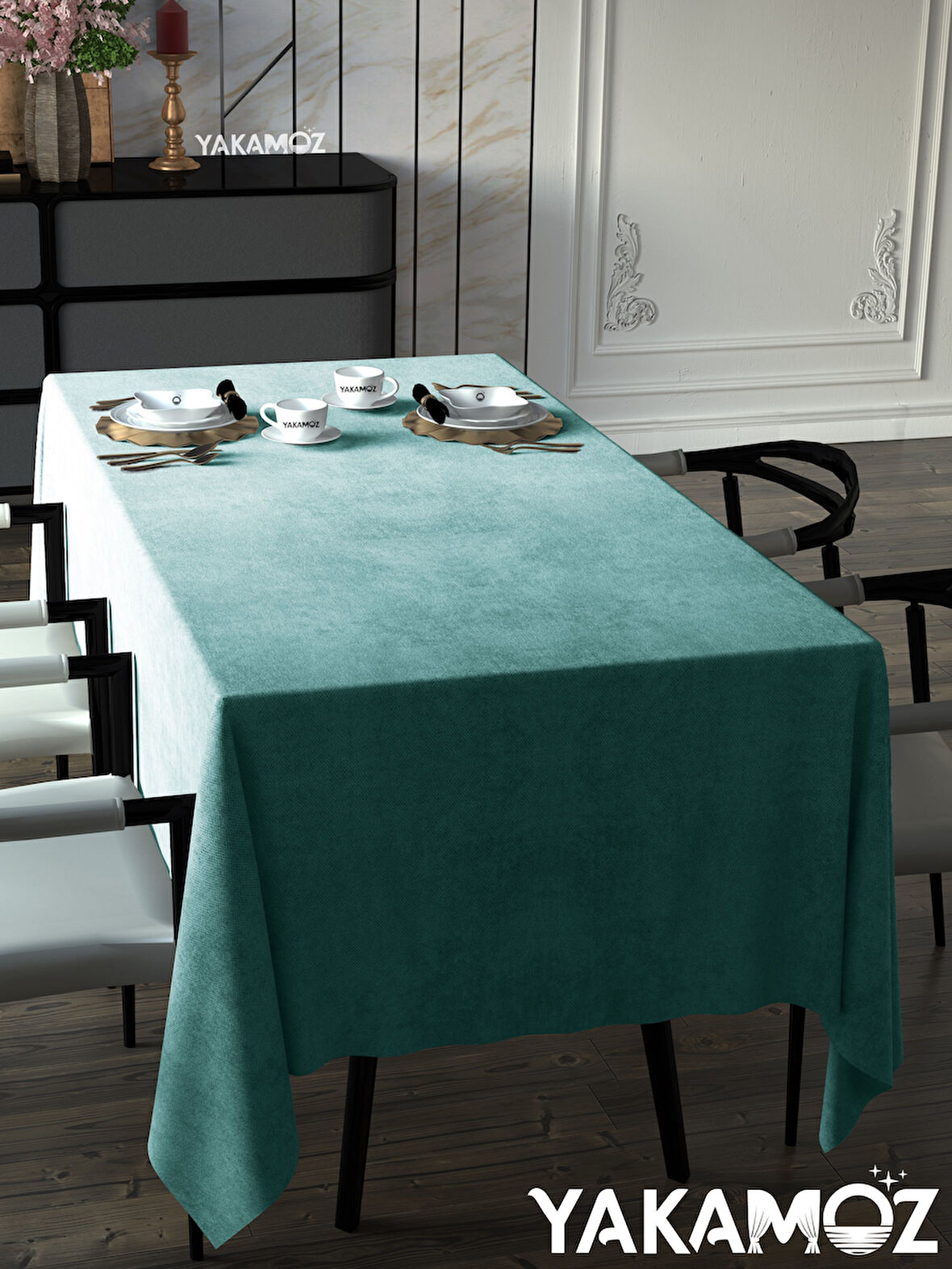 Yakamoz Nil Yeşili Kadife Dokulu Masa Örtüsü  Dertsiz Velvet Touch Serisi 