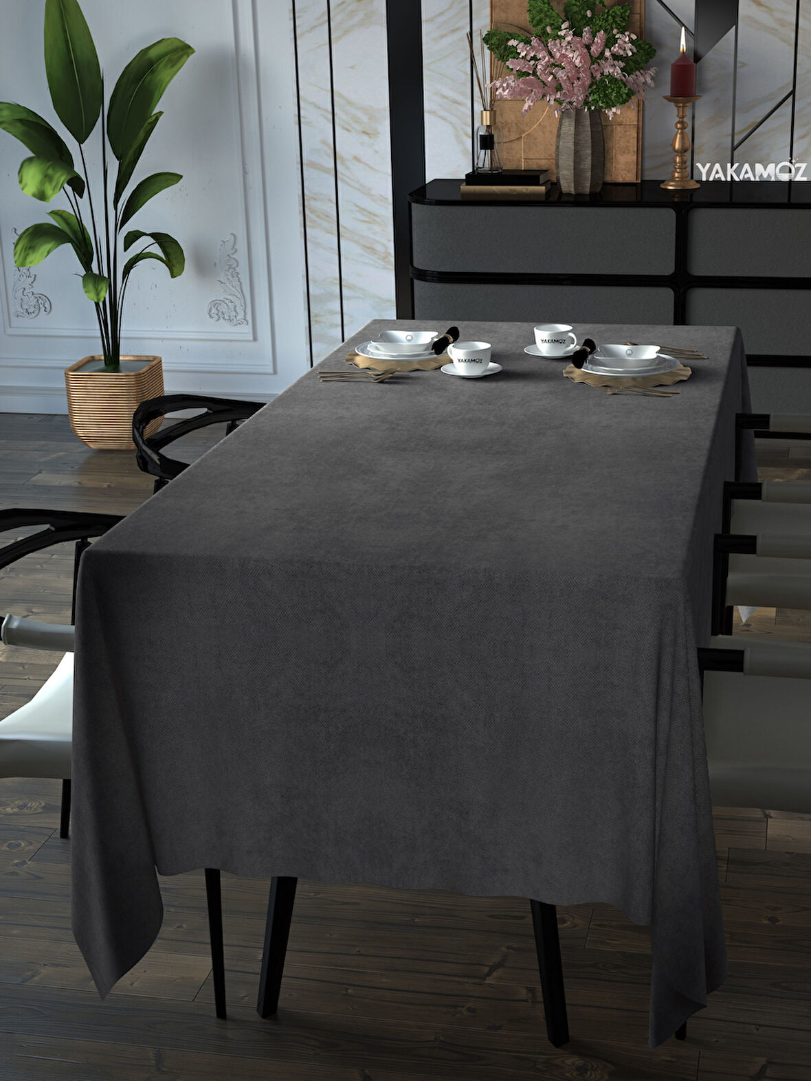 Yakamoz Karanlık Gri Kadife Dokulu Masa Örtüsü  Dertsiz Velvet Touch Serisi 