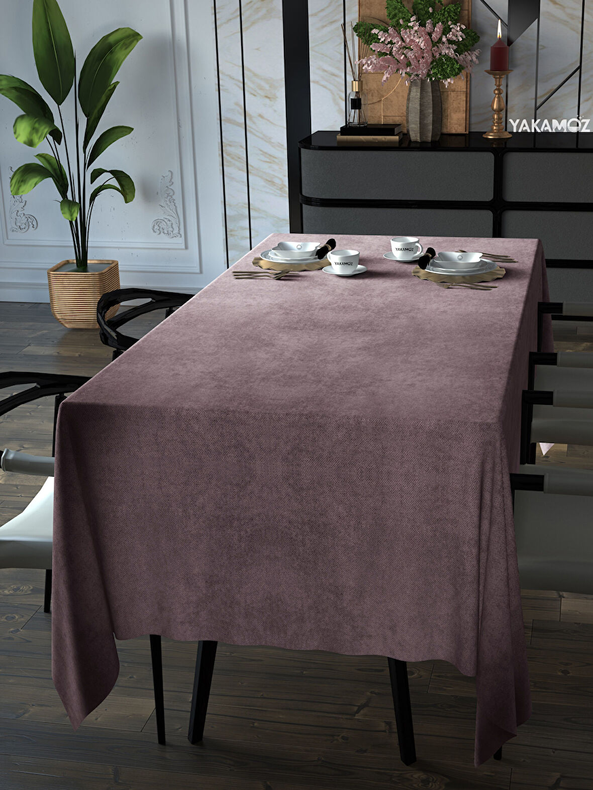 Yakamoz Tatlı Pembe Rengi Kadife Dokulu Masa Örtüsü  Dertsiz Velvet Touch Serisi 