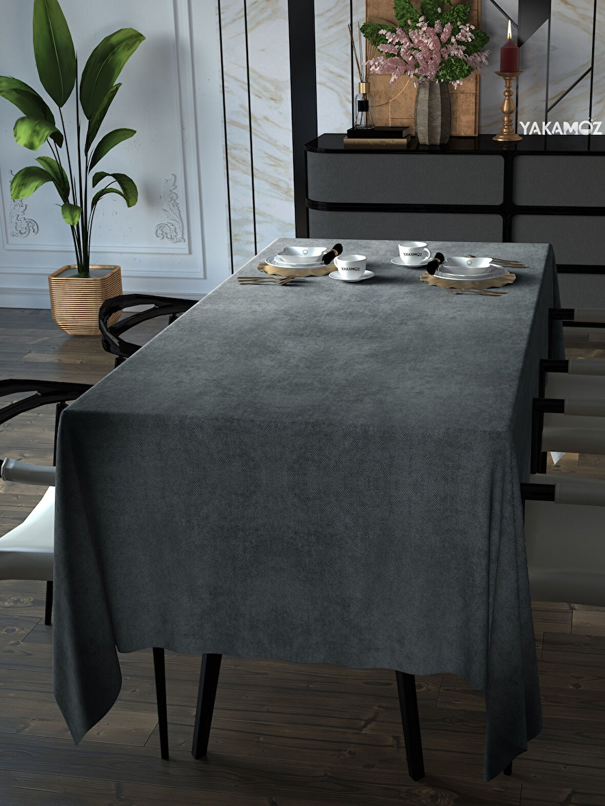 Yakamoz Gümüş Grisi Kadife Dokulu Masa Örtüsü  Dertsiz Velvet Touch Serisi 