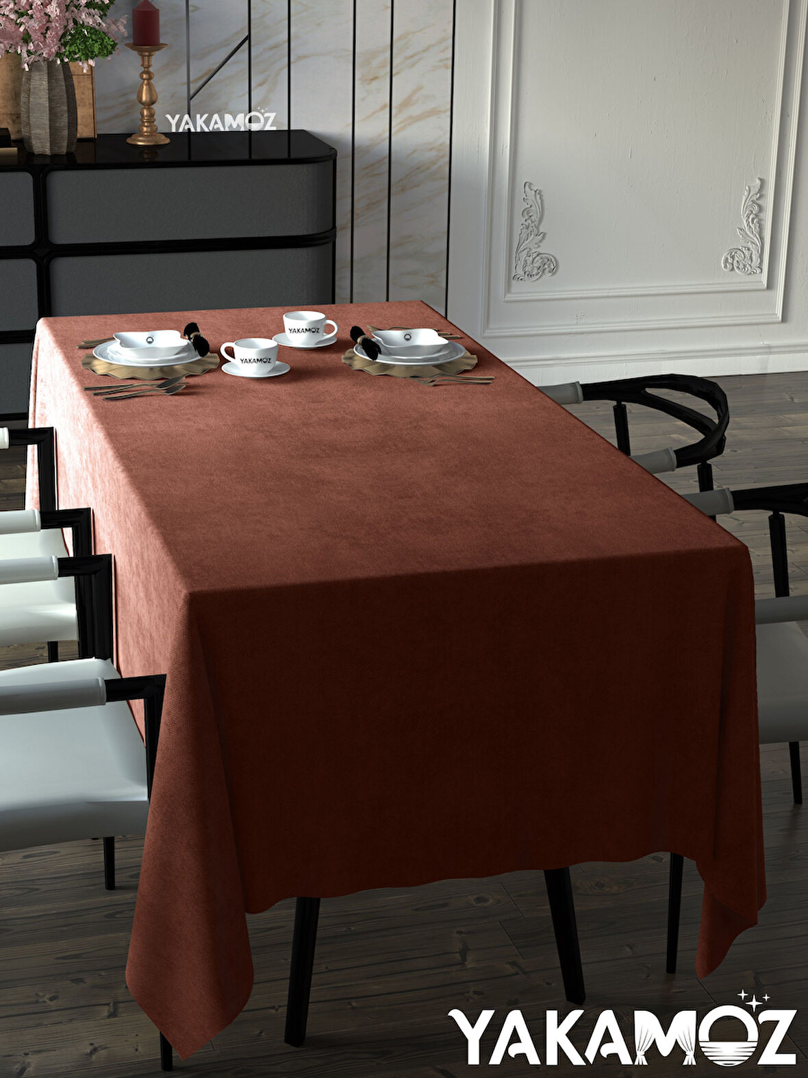 Yakamoz Kiremit Rengi Kadife Dokulu Masa Örtüsü  Dertsiz Velvet Touch Serisi 