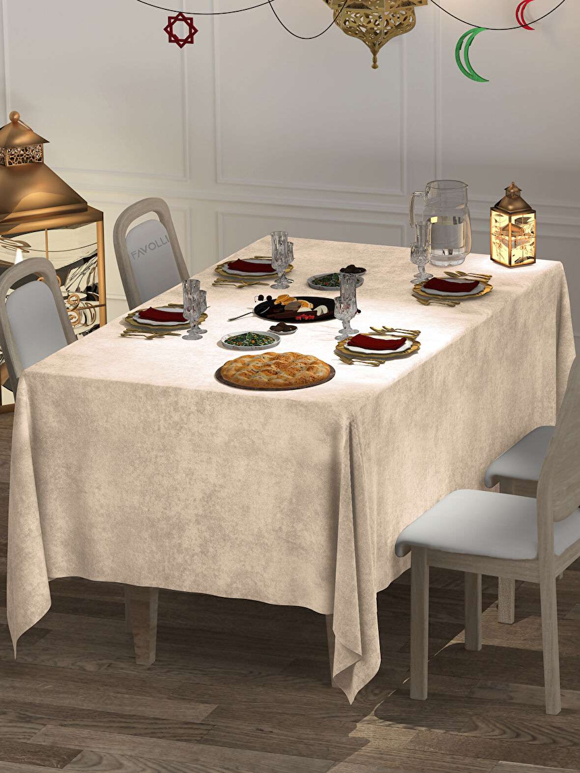 FAVOLLİ Kadife Dokulu Sahra Beji Masa Örtüsü