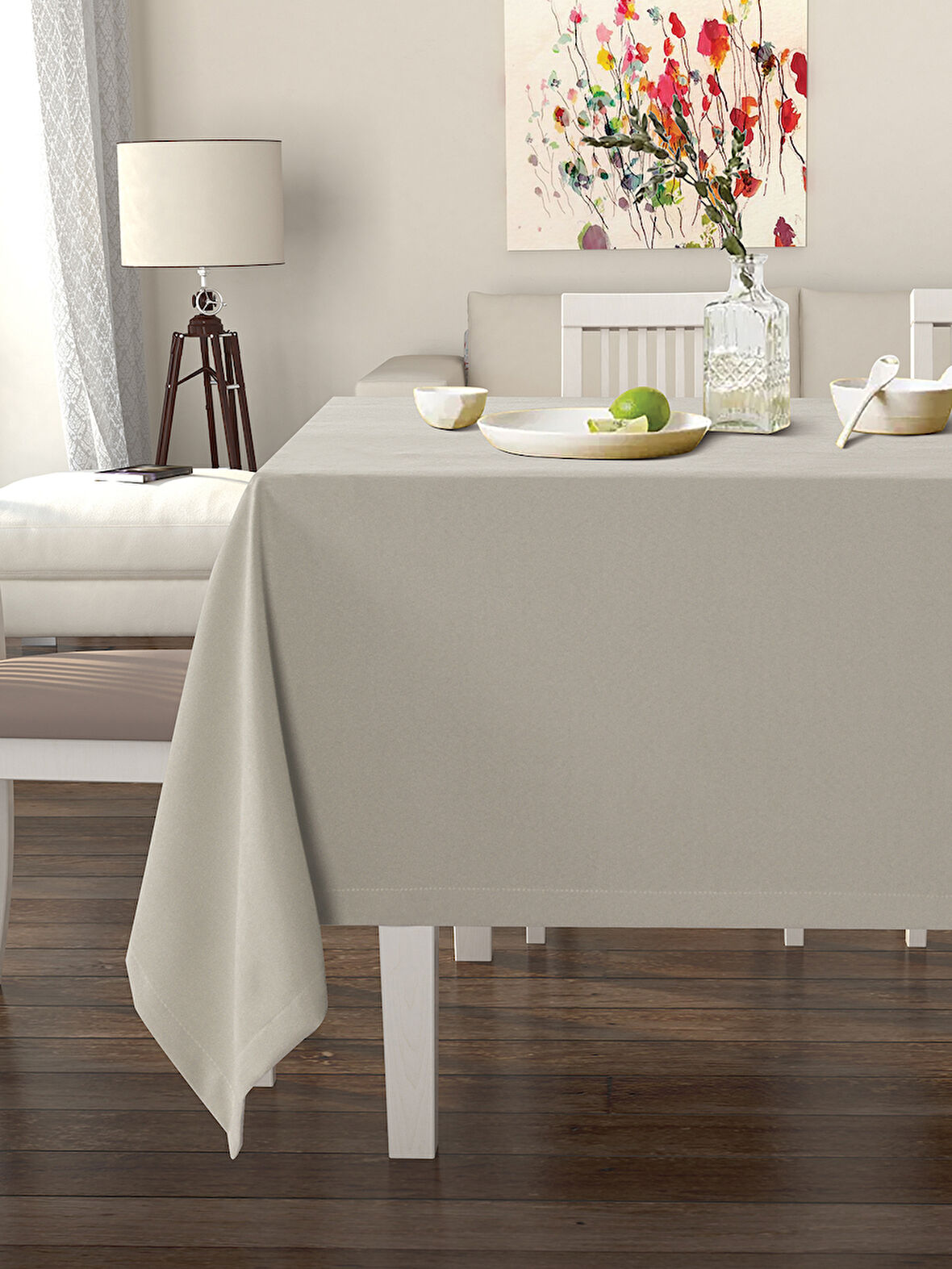 Pastel Açık Gri Masa Örtüsü Kadife Dokulu Leke Tutmaz