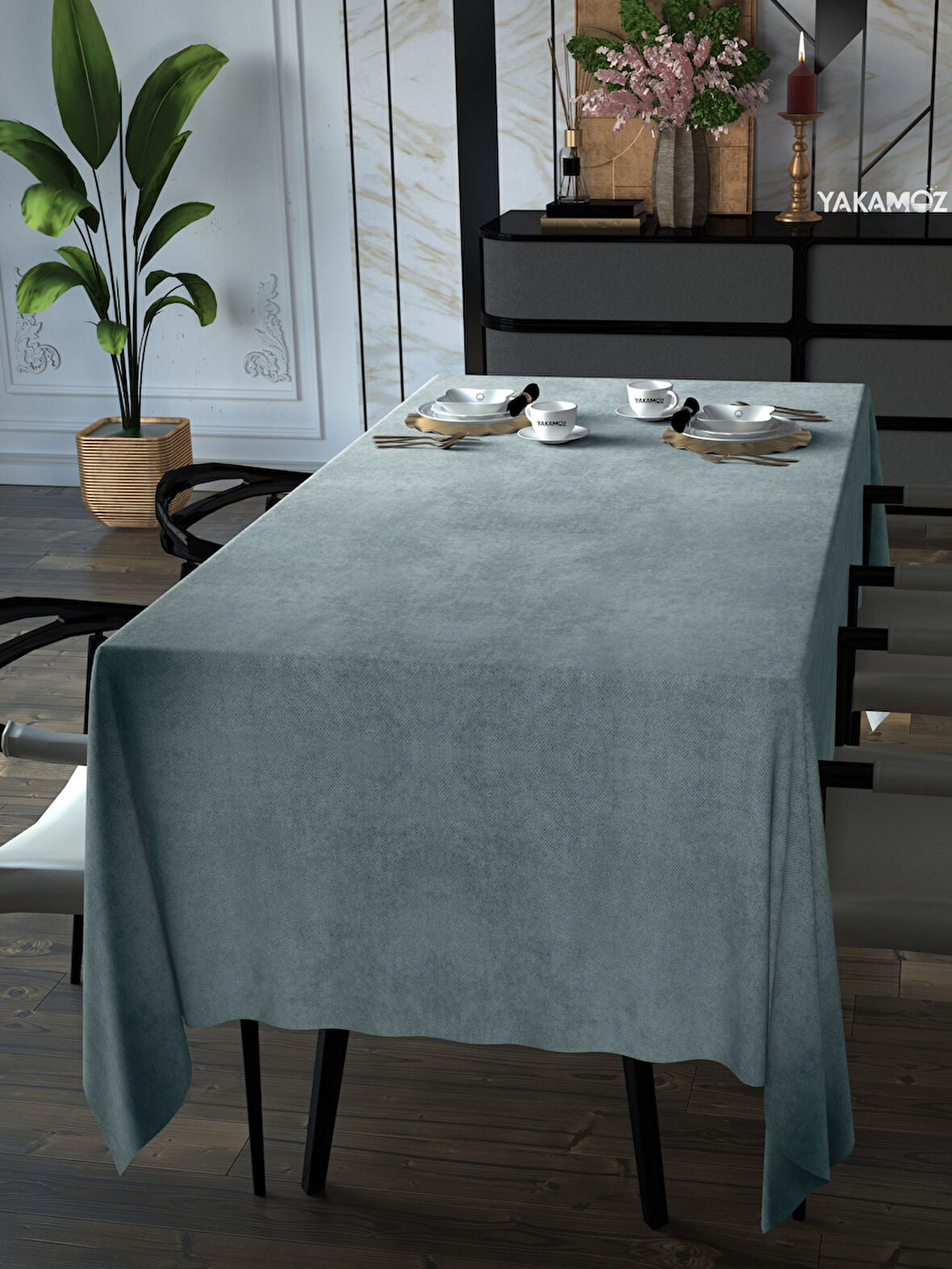 Yakamoz Açık Gri Kadife Dokulu Masa Örtüsü  Dertsiz Velvet Touch Serisi 