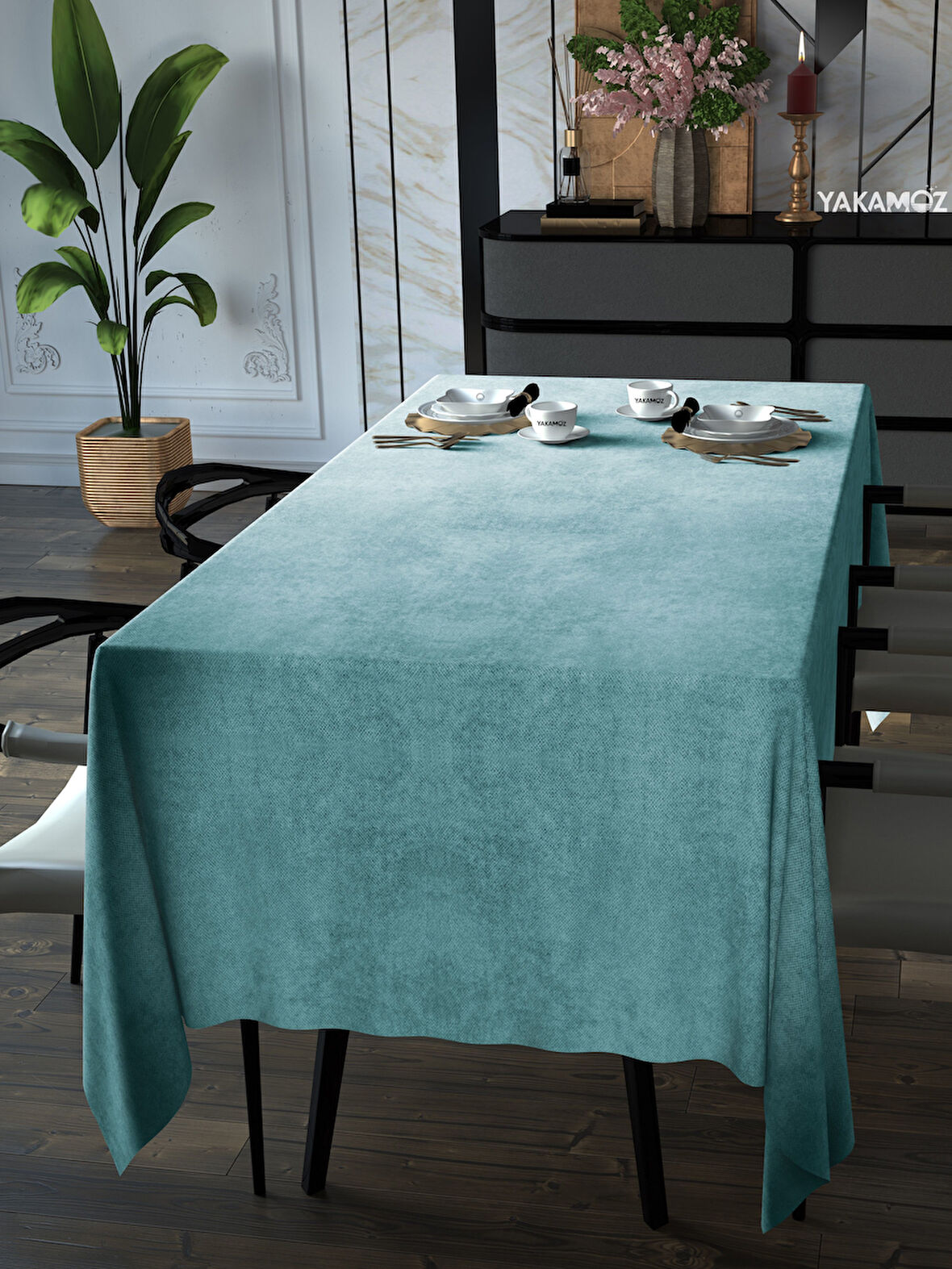 Yakamoz Nil Yeşili Kadife Dokulu Masa Örtüsü  Dertsiz Velvet Touch Serisi 