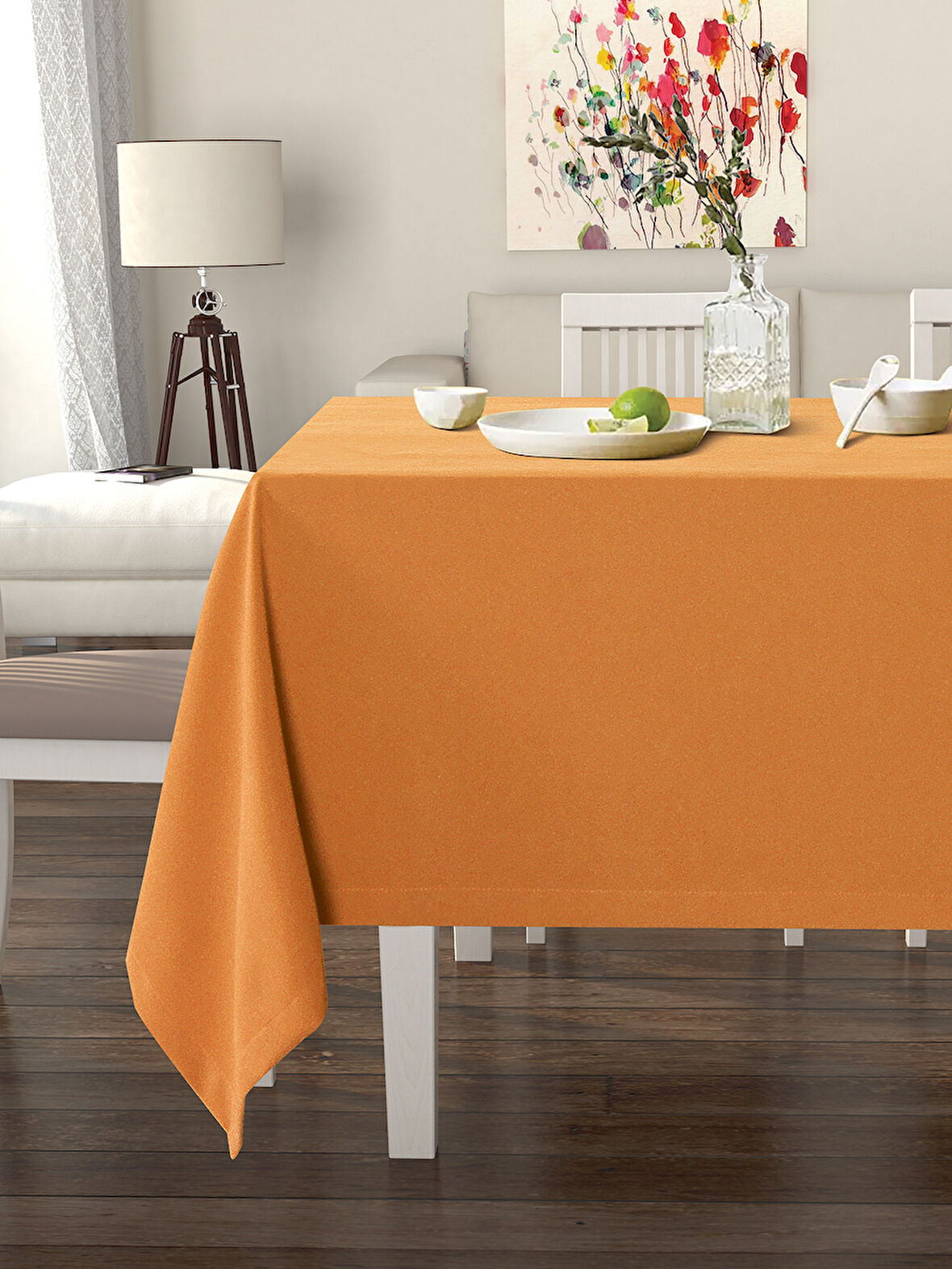 Pastel Mandalina Turuncusu Masa Örtüsü Kadife Dokulu Leke Tutmaz