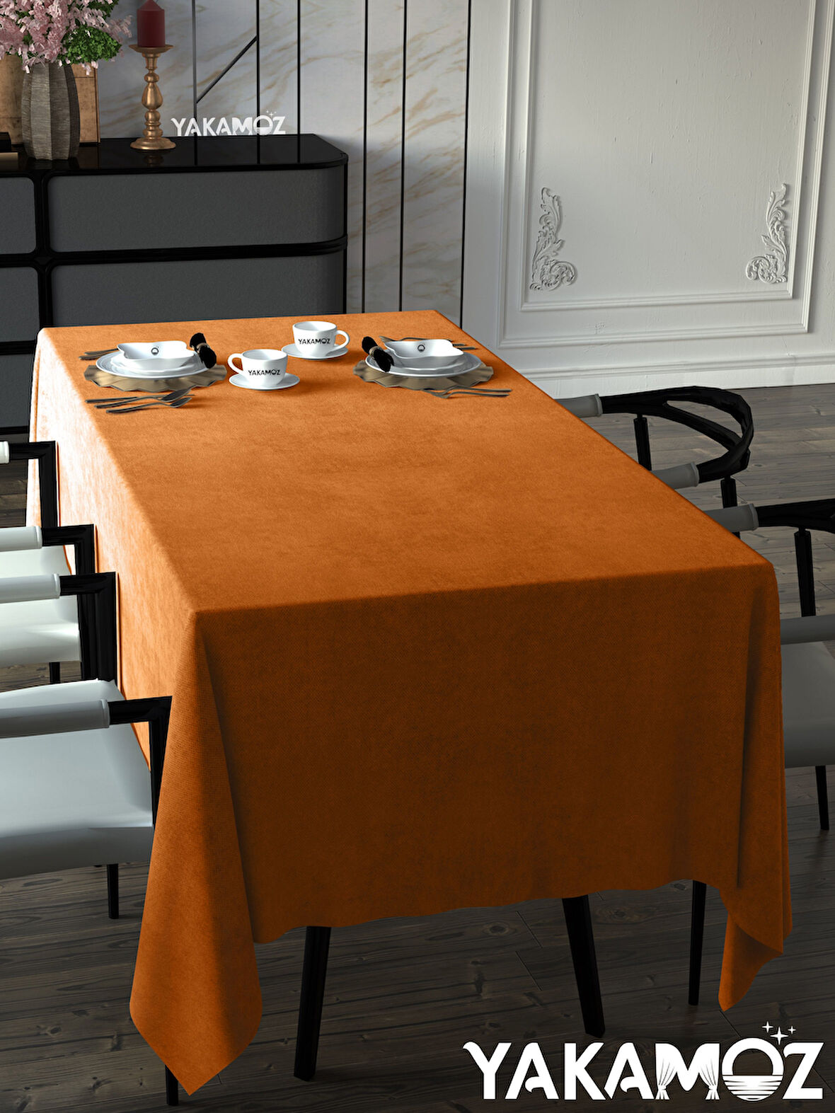 Yakamoz Portakal Rengi Kadife Dokulu Masa Örtüsü  Dertsiz Velvet Touch Serisi 