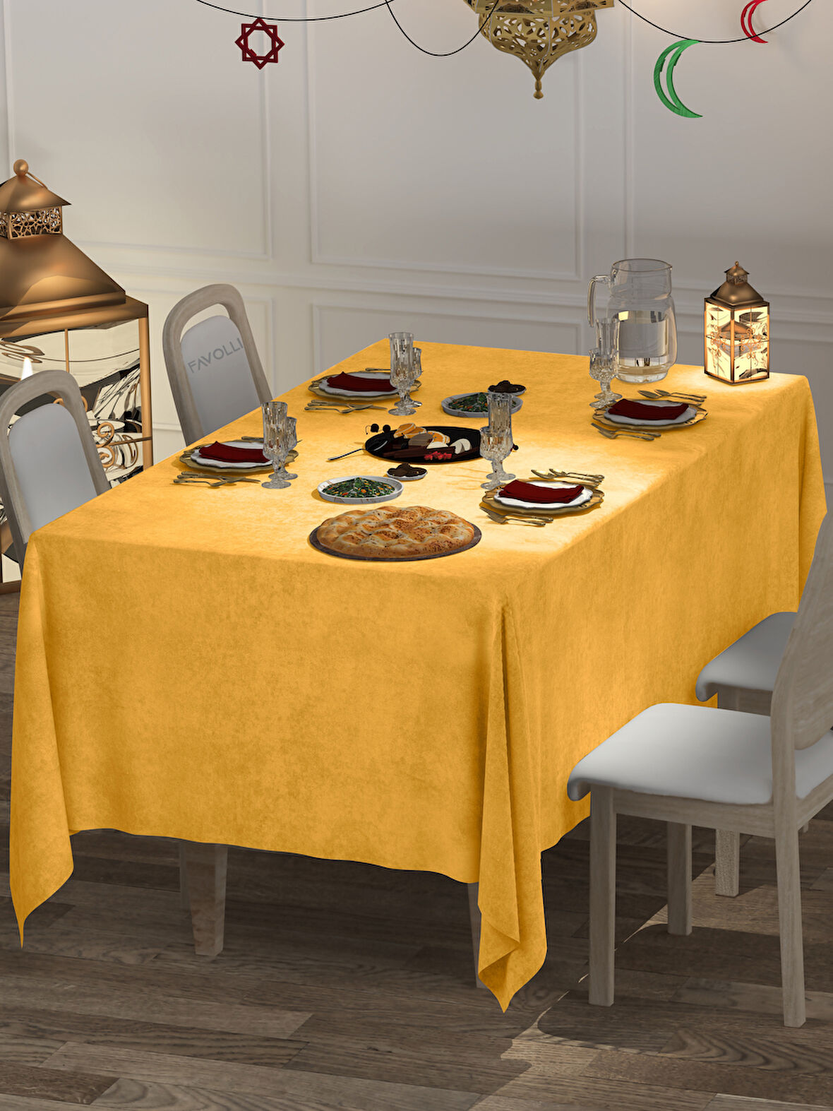 FAVOLLİ Kadife Dokulu Safran Renk Masa Örtüsü