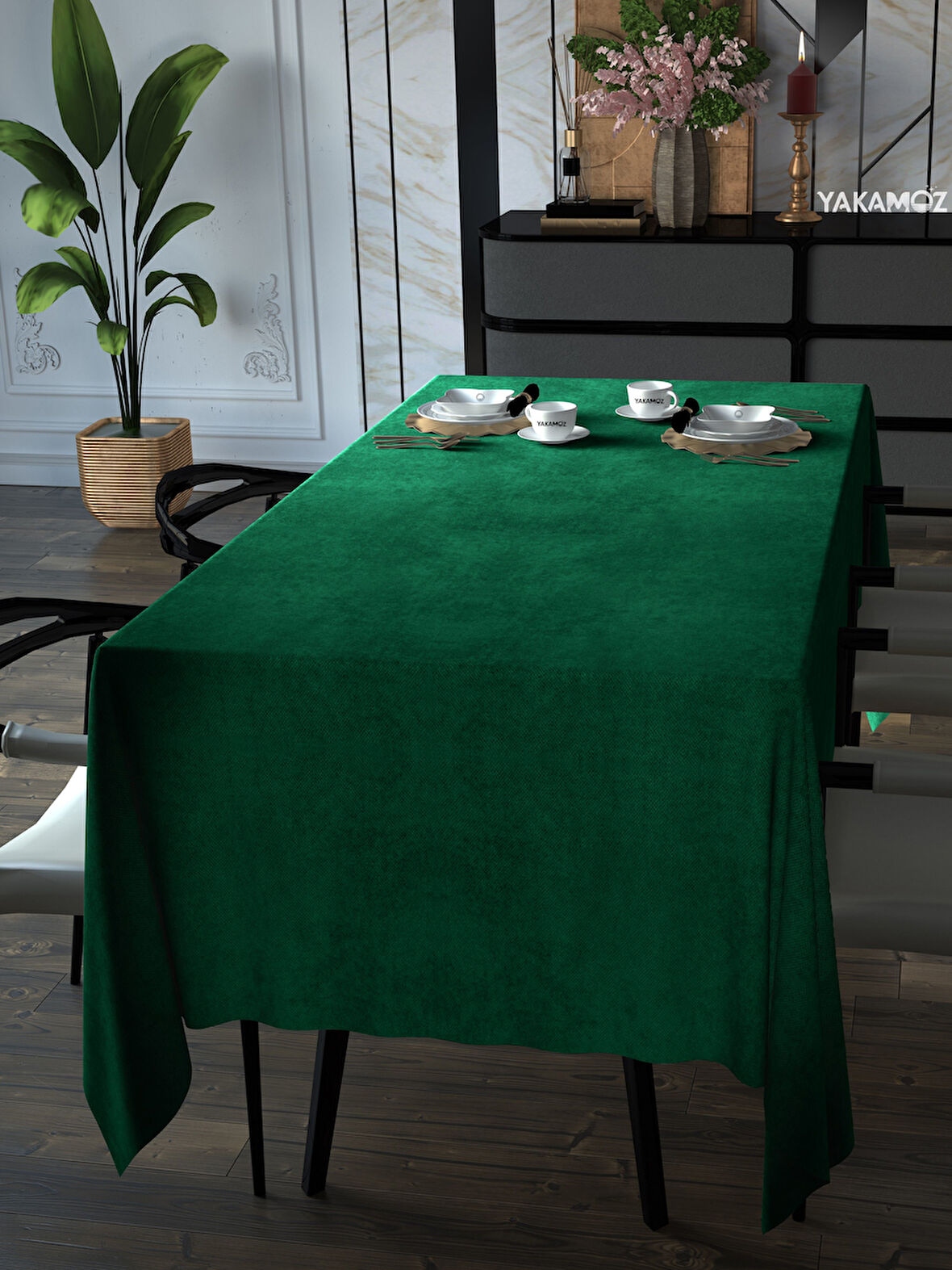 Yakamoz Zümrüt Yeşili Kadife Dokulu Masa Örtüsü  Dertsiz Velvet Touch Serisi 