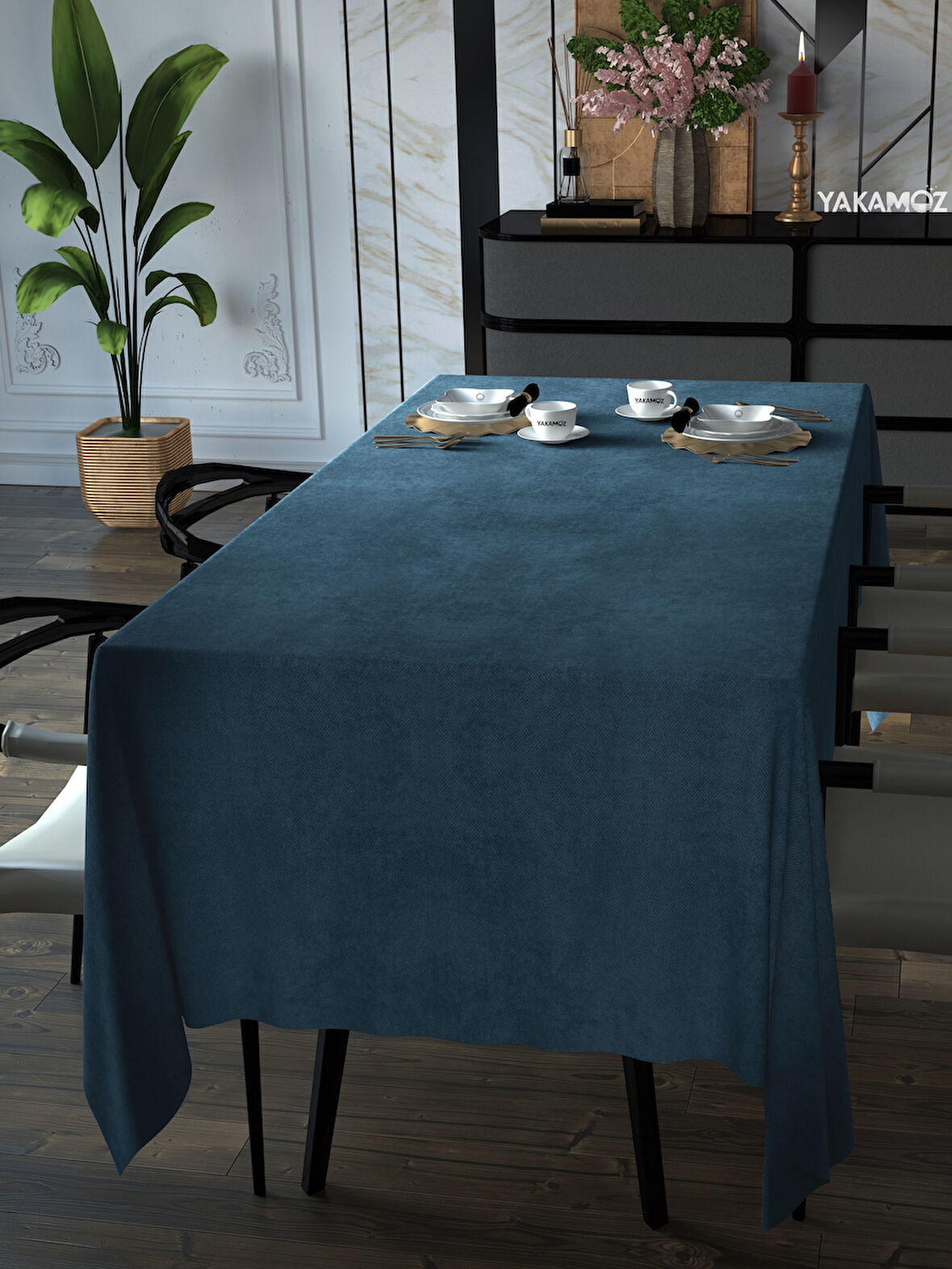 Yakamoz Güvercin Mavisi Kadife Dokulu Masa Örtüsü  Dertsiz Velvet Touch Serisi 