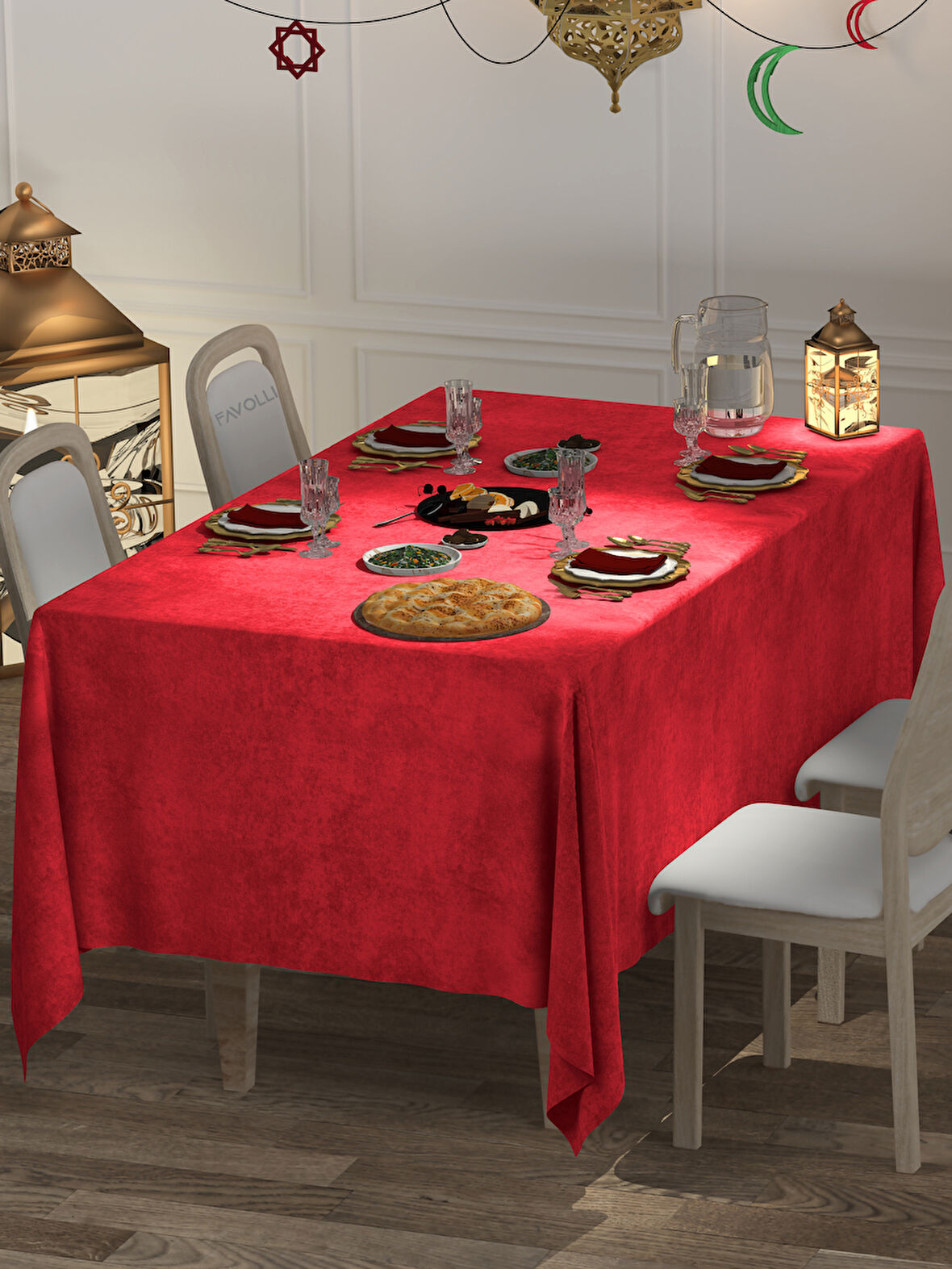FAVOLLİ Kadife Dokulu Kırmızı Renk Masa Örtüsü