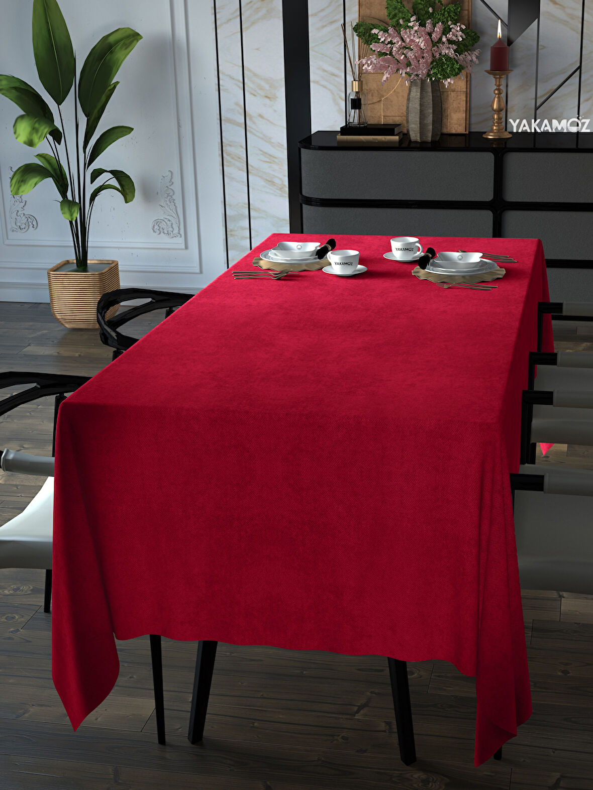Yakamoz Kırmızı Renk Kadife Dokulu Masa Örtüsü  Dertsiz Velvet Touch Serisi 