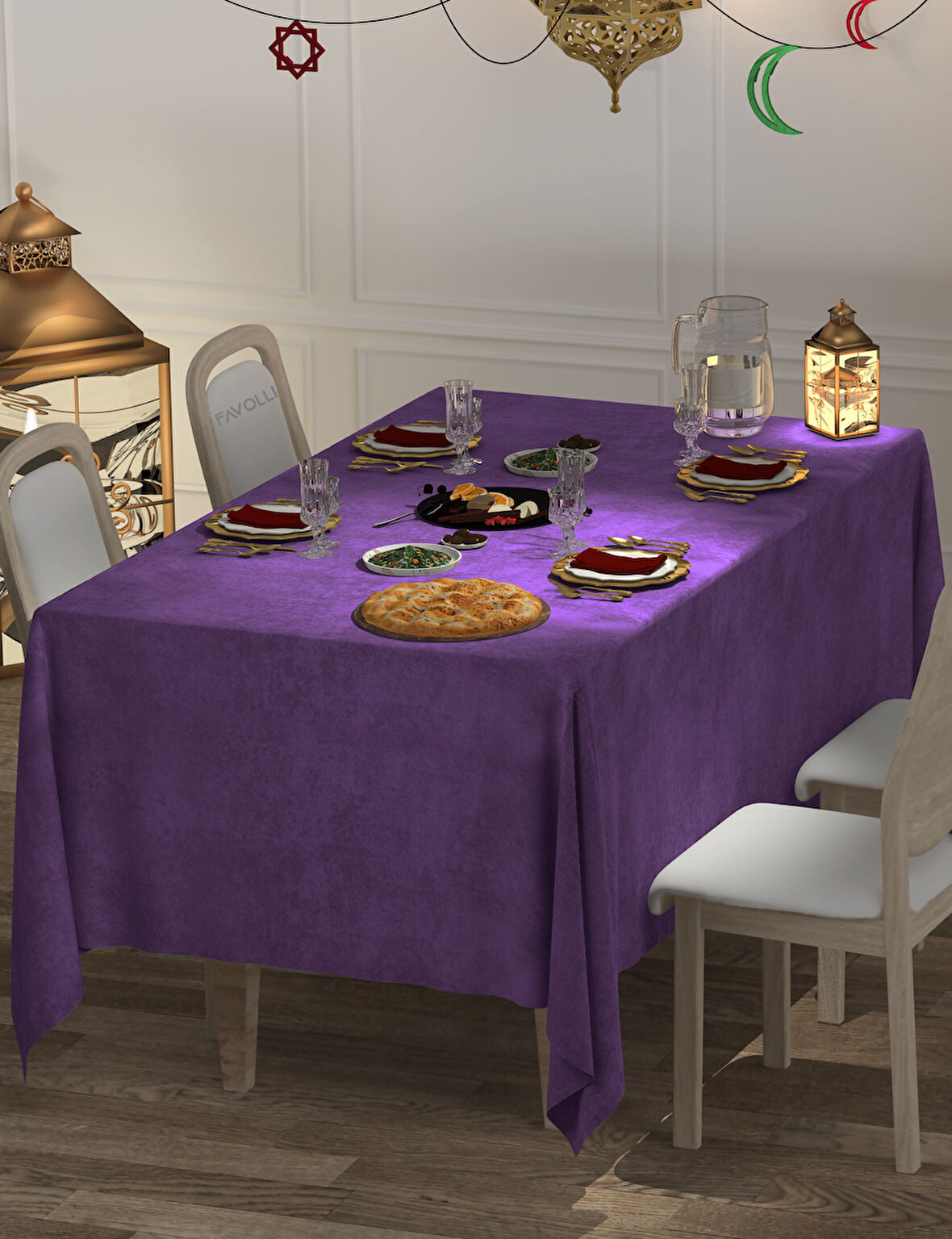 FAVOLLİ Kadife Dokulu Menekşe Moru Masa Örtüsü