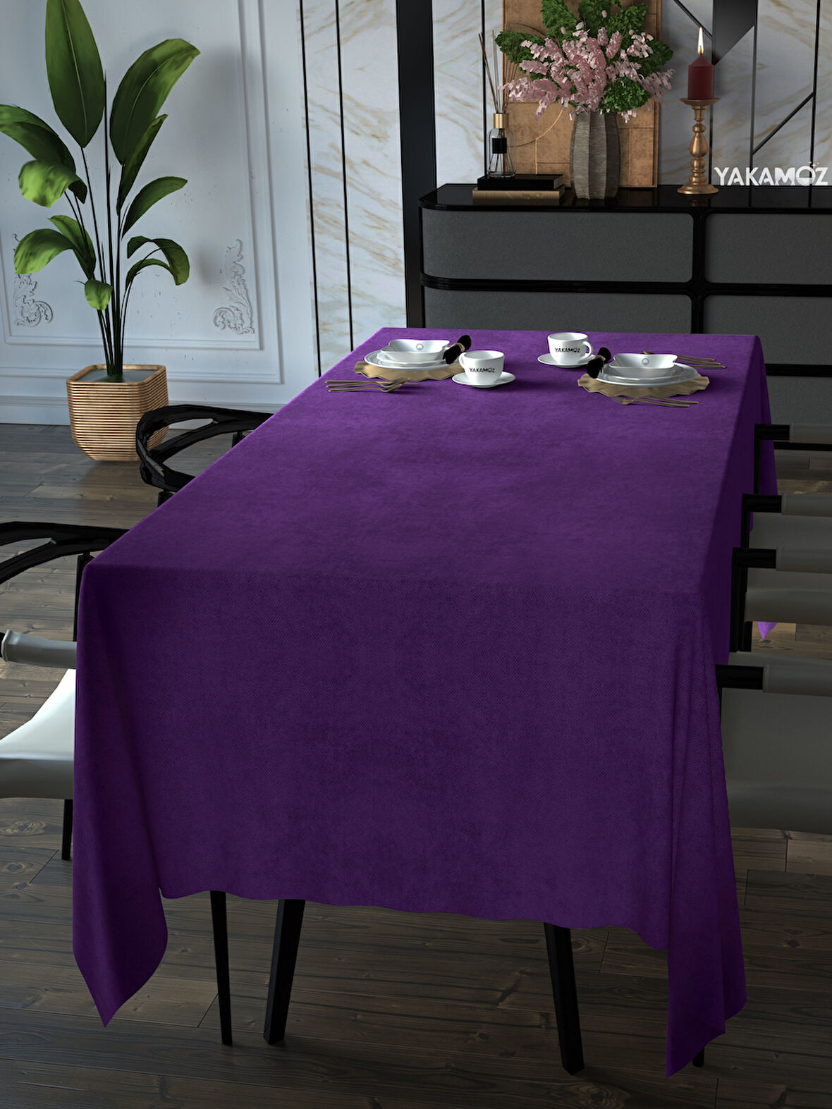 Yakamoz Tatlı Mor Kadife Dokulu Masa Örtüsü  Dertsiz Velvet Touch Serisi 