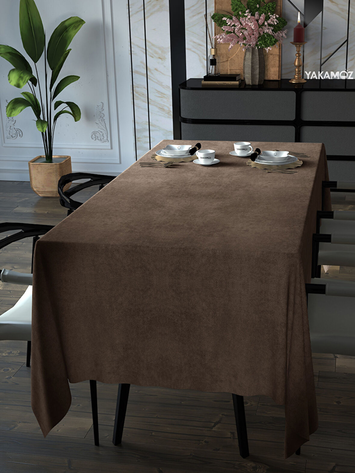 Yakamoz Kaju Rengi Kadife Dokulu Masa Örtüsü  Dertsiz Velvet Touch Serisi 
