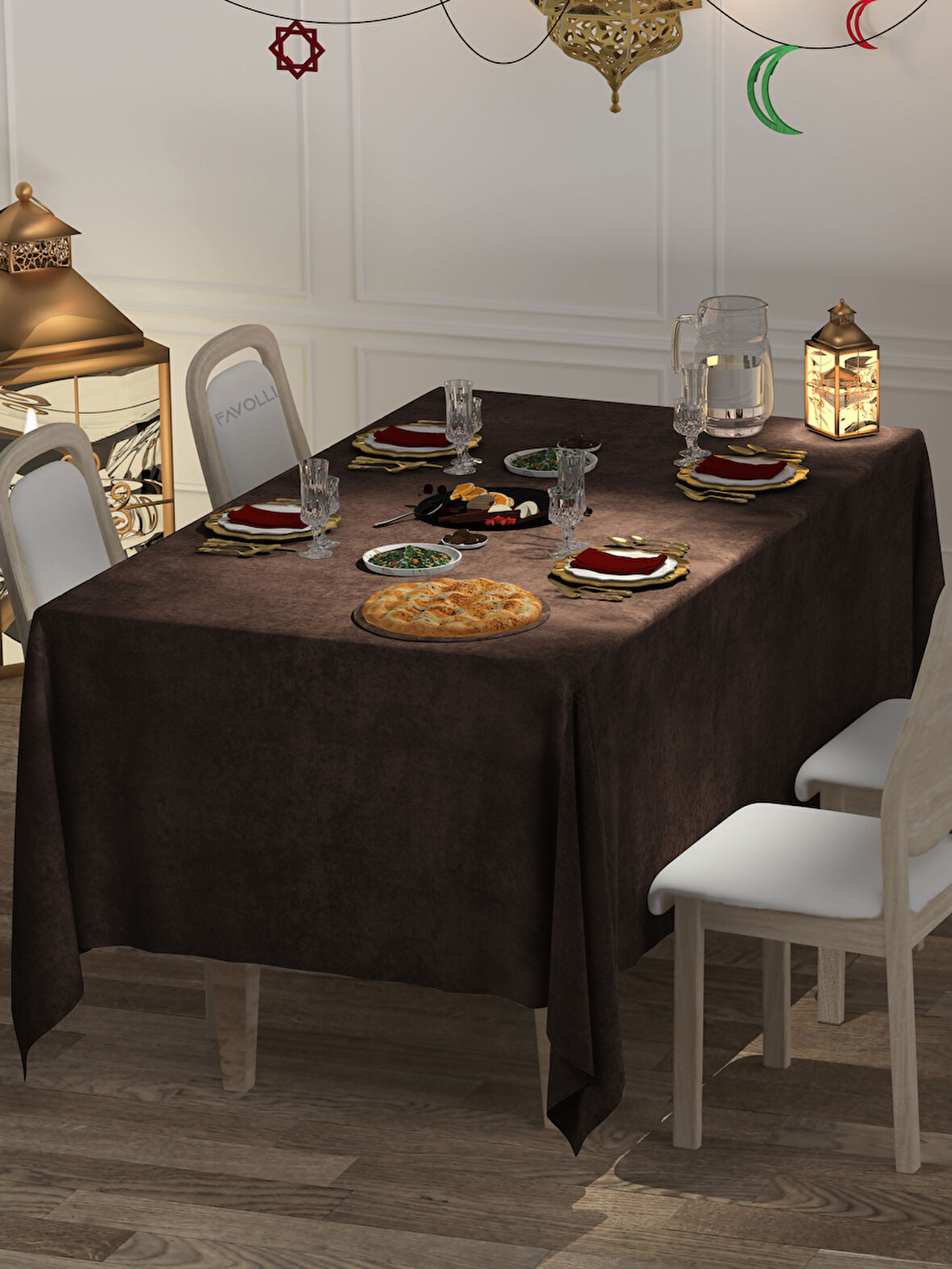 FAVOLLİ Kadife Dokulu Kahverengi Masa Örtüsü