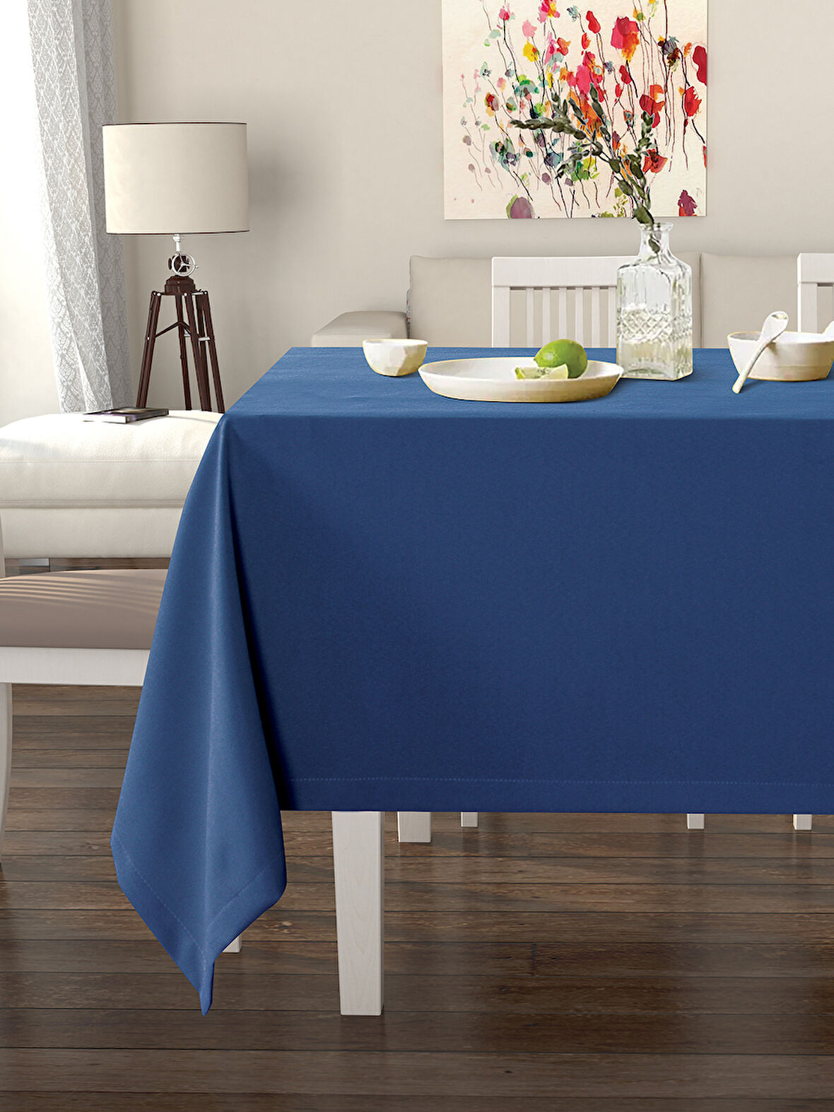 Pastel Körfez Mavisi Masa Örtüsü Kadife Dokulu Leke Tutmaz