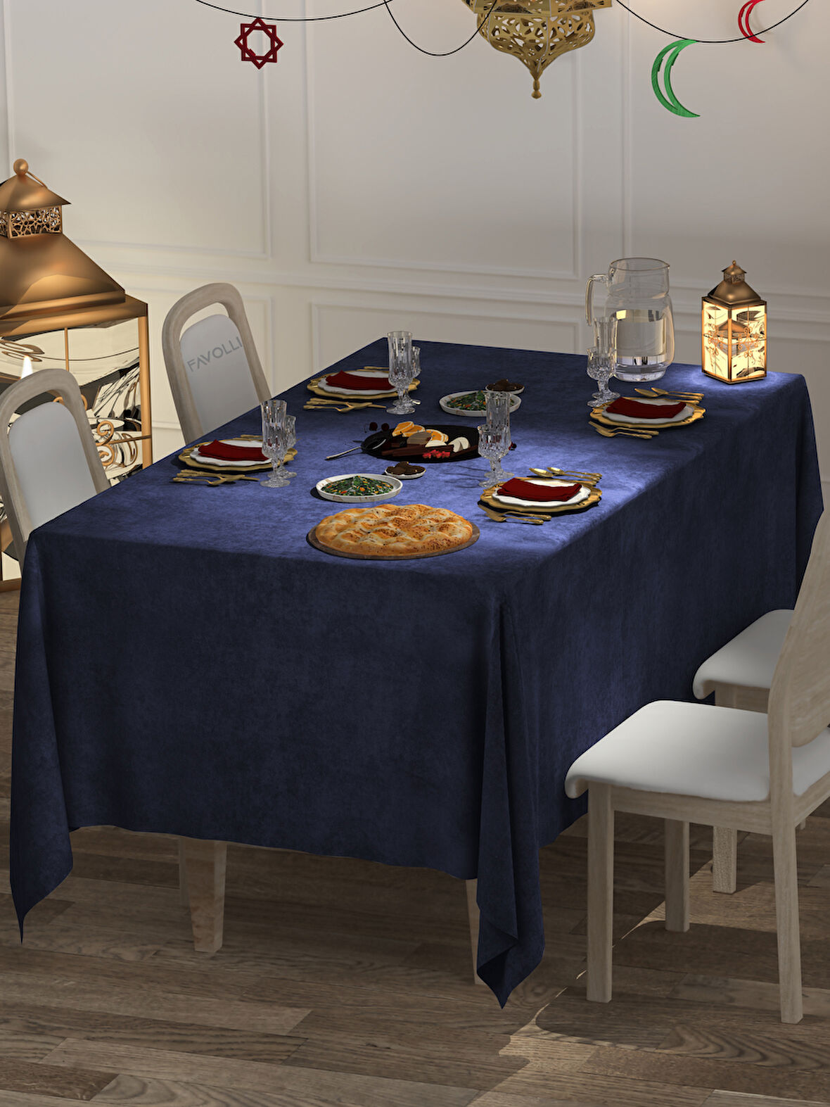 FAVOLLİ Kadife Dokulu Lacivert Renk Masa Örtüsü