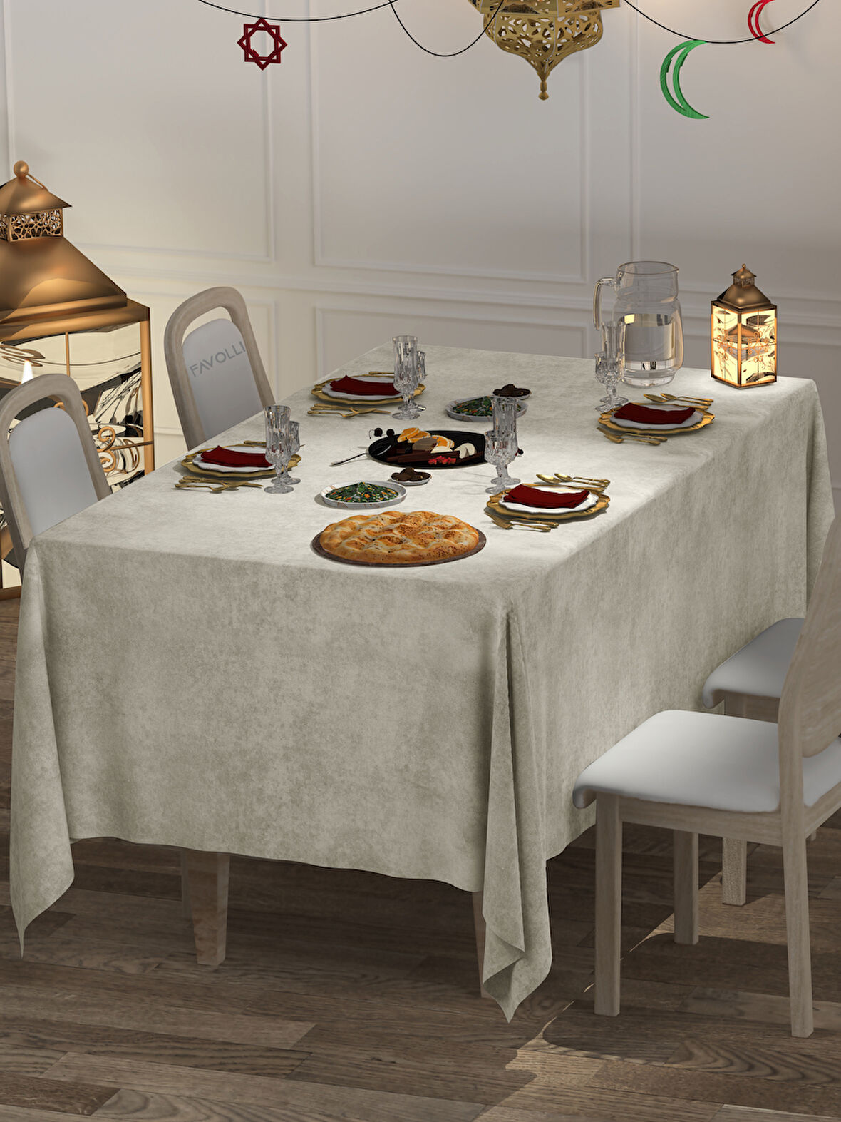 FAVOLLİ Kadife Dokulu Ekru Renk Masa Örtüsü