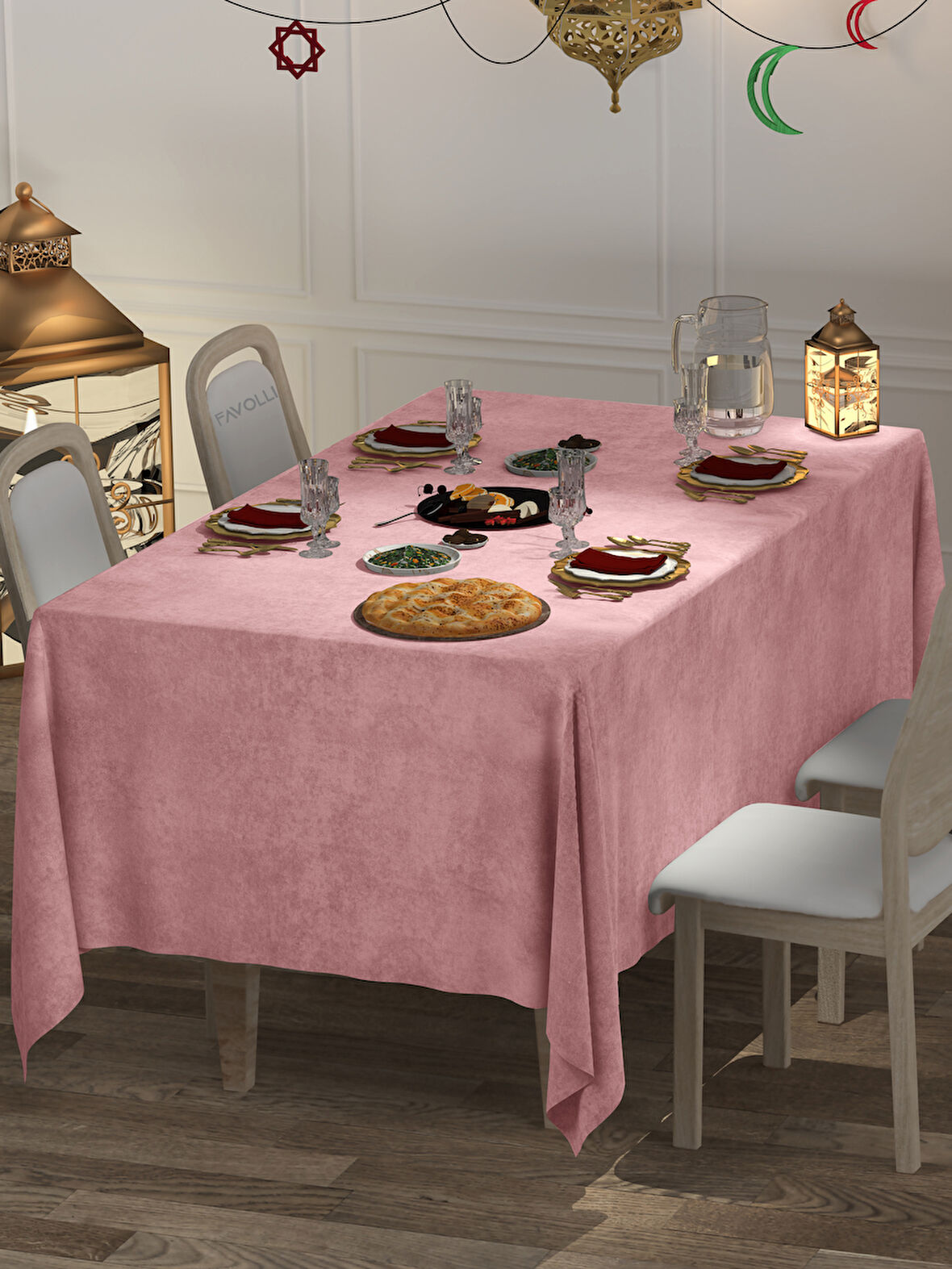 FAVOLLİ Kadife Dokulu Açık Pembe Renk Masa Örtüsü