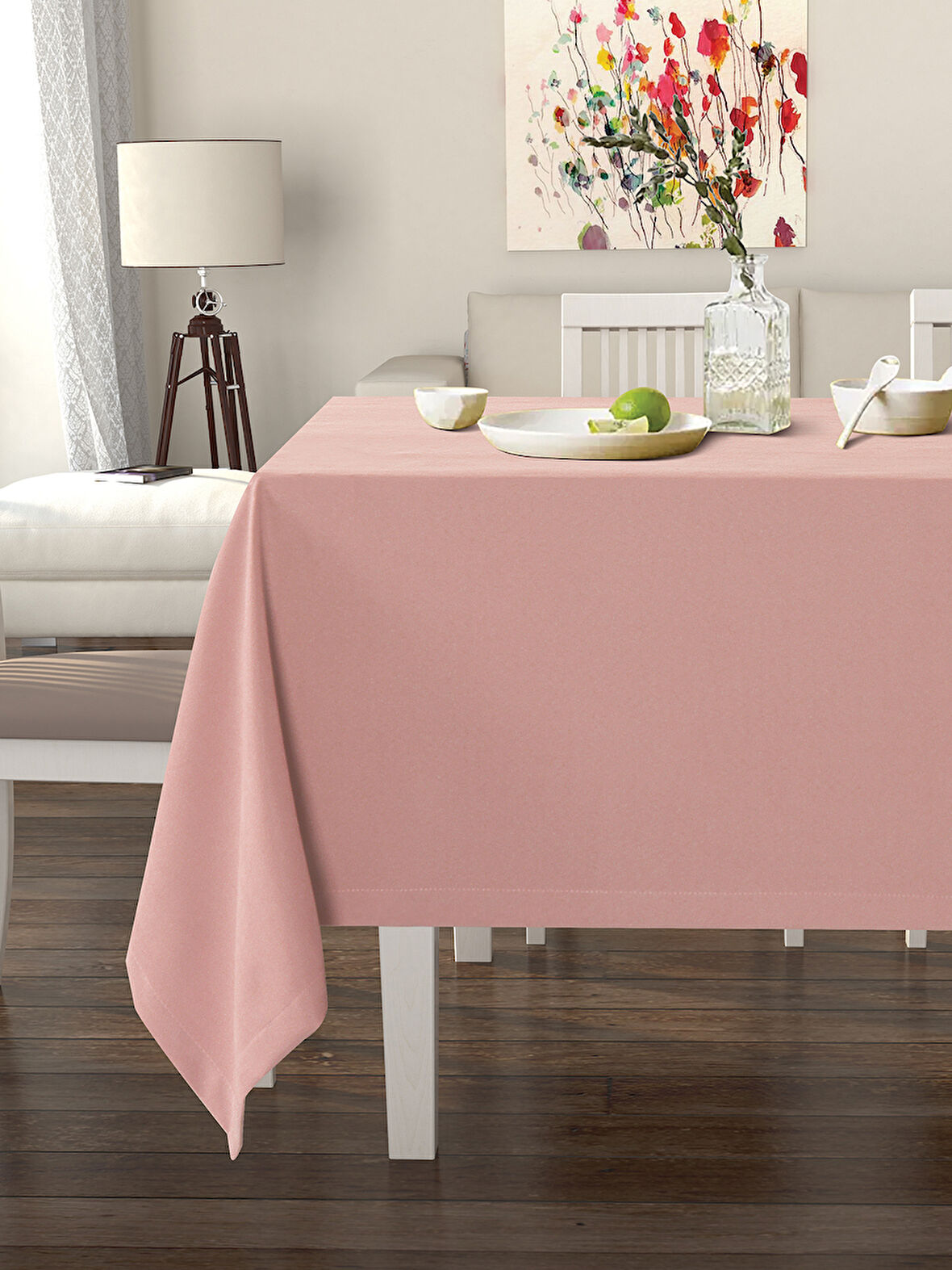 Pastel Türk Gülü Rengi Masa Örtüsü Kadife Dokulu Leke Tutmaz