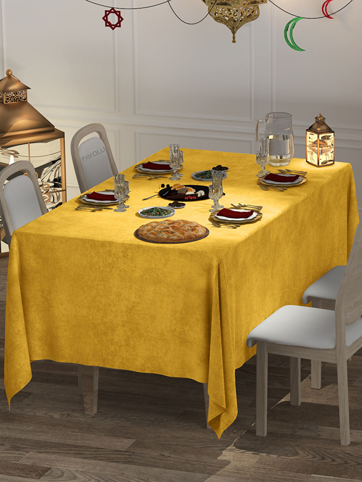 FAVOLLİ Kadife Dokulu Güneş Sarısı Masa Örtüsü
